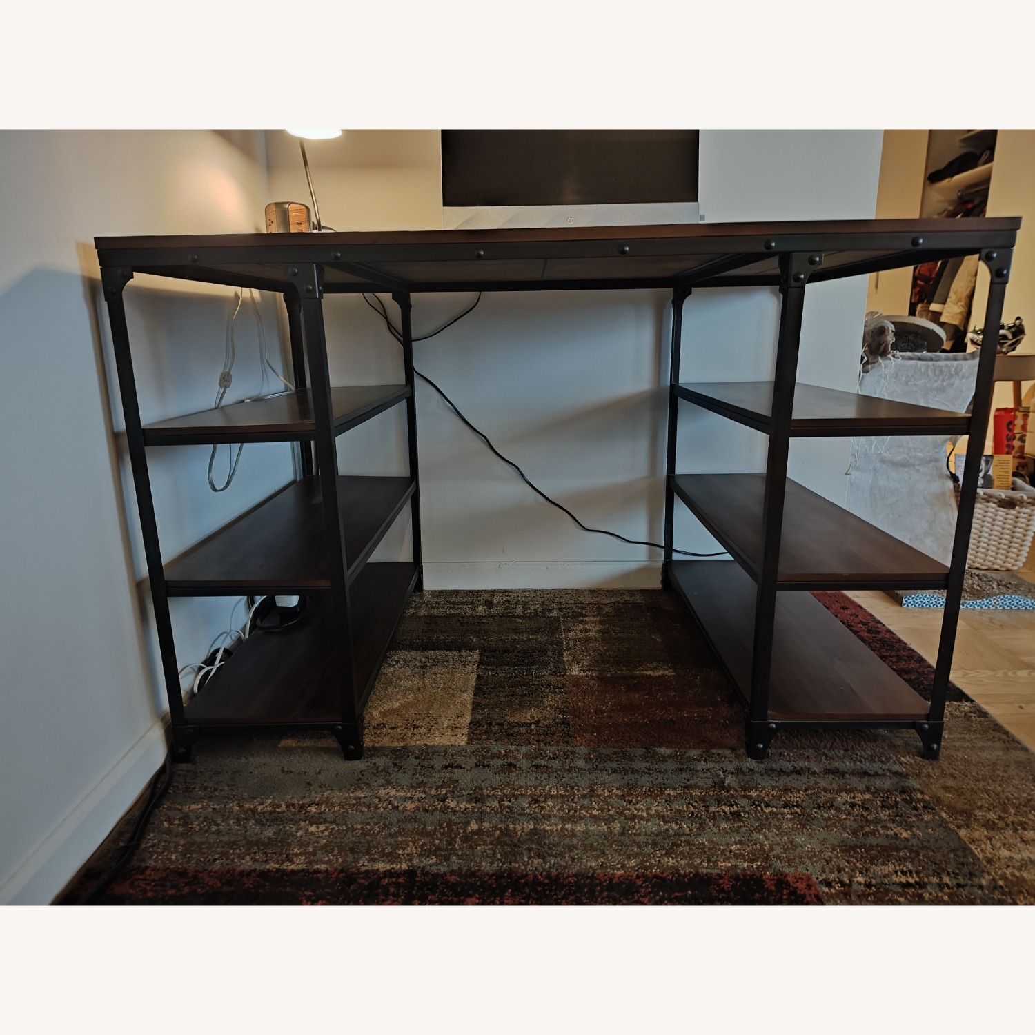 High Desk with Shelves, Brown Wood & Black Metal - image-2