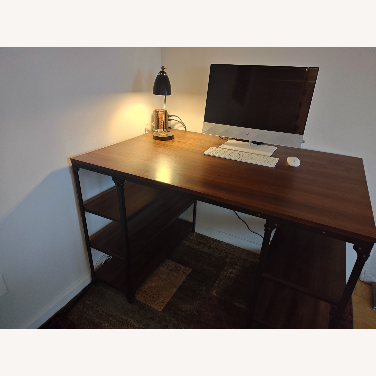 High Desk with Shelves, Brown Wood & Black Metal - image-1