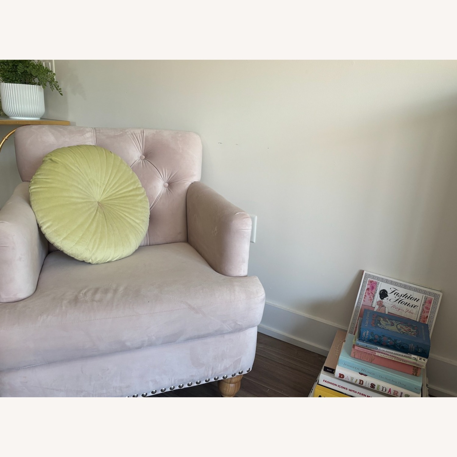 Pink Armchair with Mustard Pillow - image-1