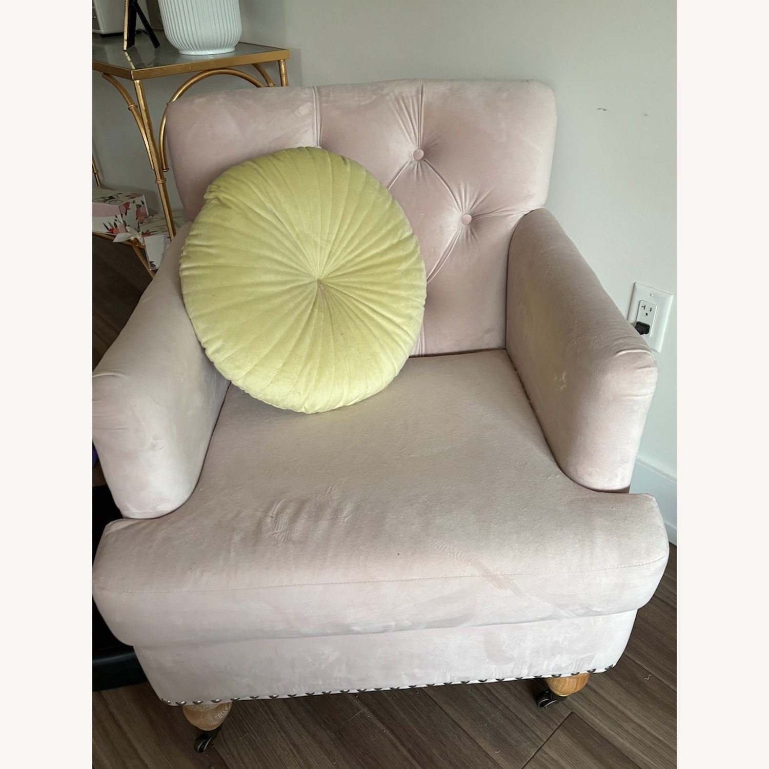 Pink Armchair with Mustard Pillow - image-2
