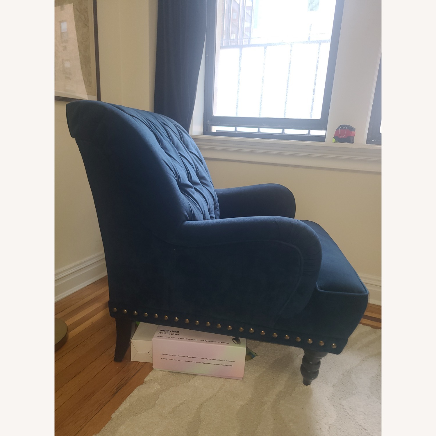 Upholstered Blue Velvet Armchair - image-3