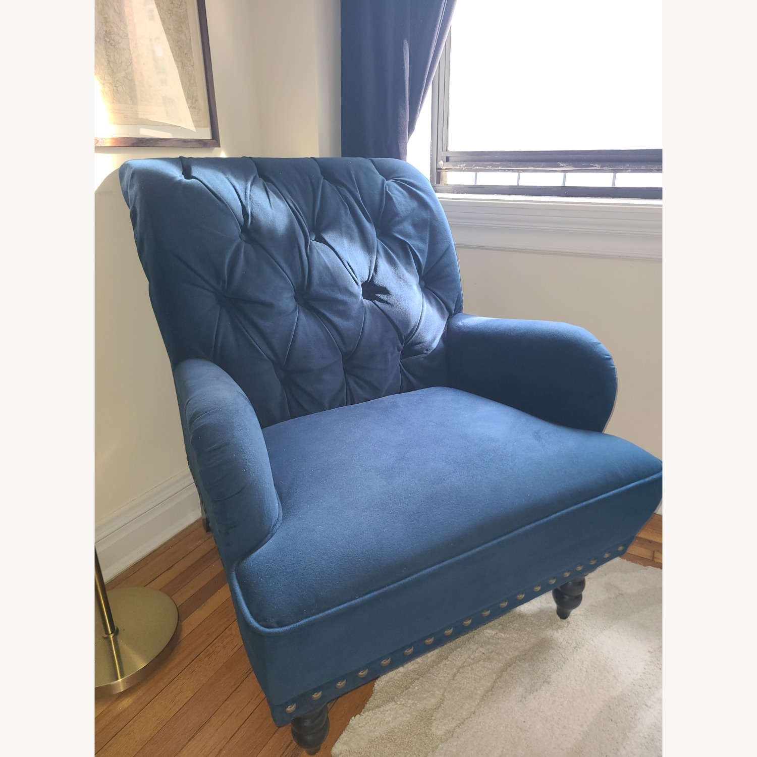 Upholstered Blue Velvet Armchair - image-2