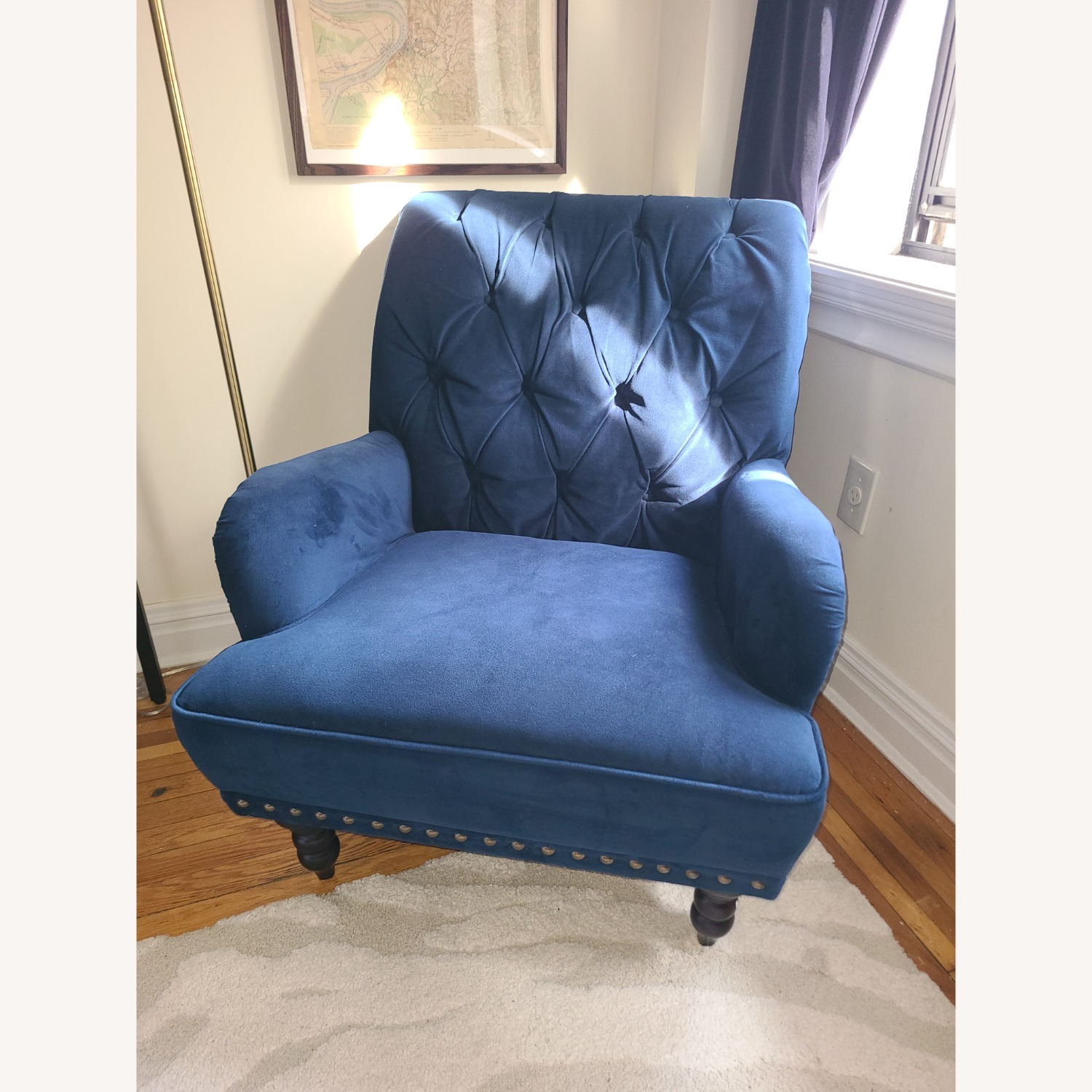 Upholstered Blue Velvet Armchair - image-1