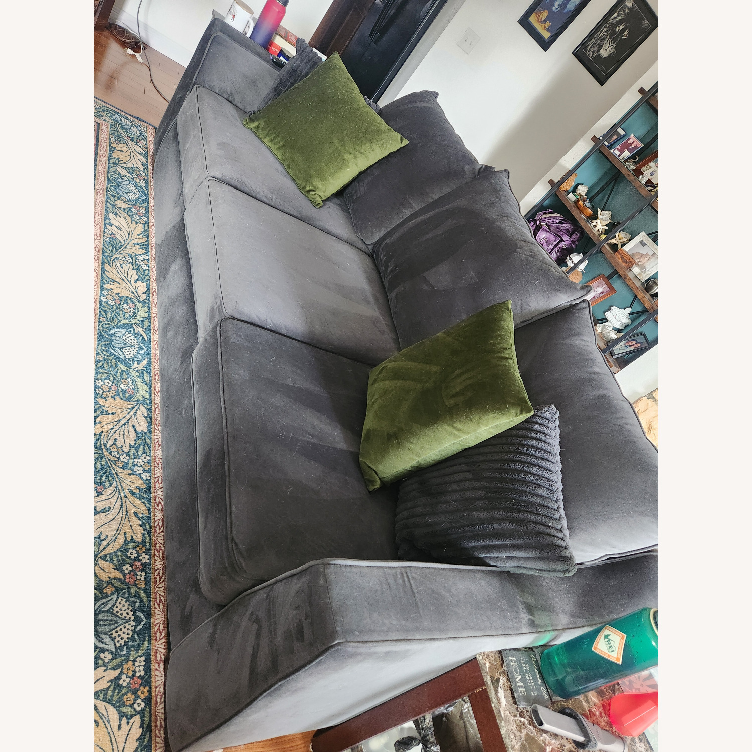 Living Spaces Velvet Blue Gray Sofa - image-3