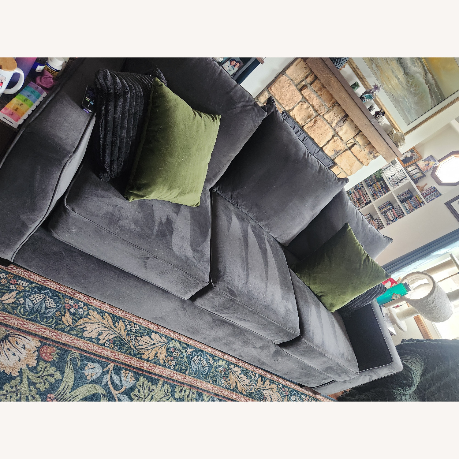 Living Spaces Velvet Blue Gray Sofa - image-1