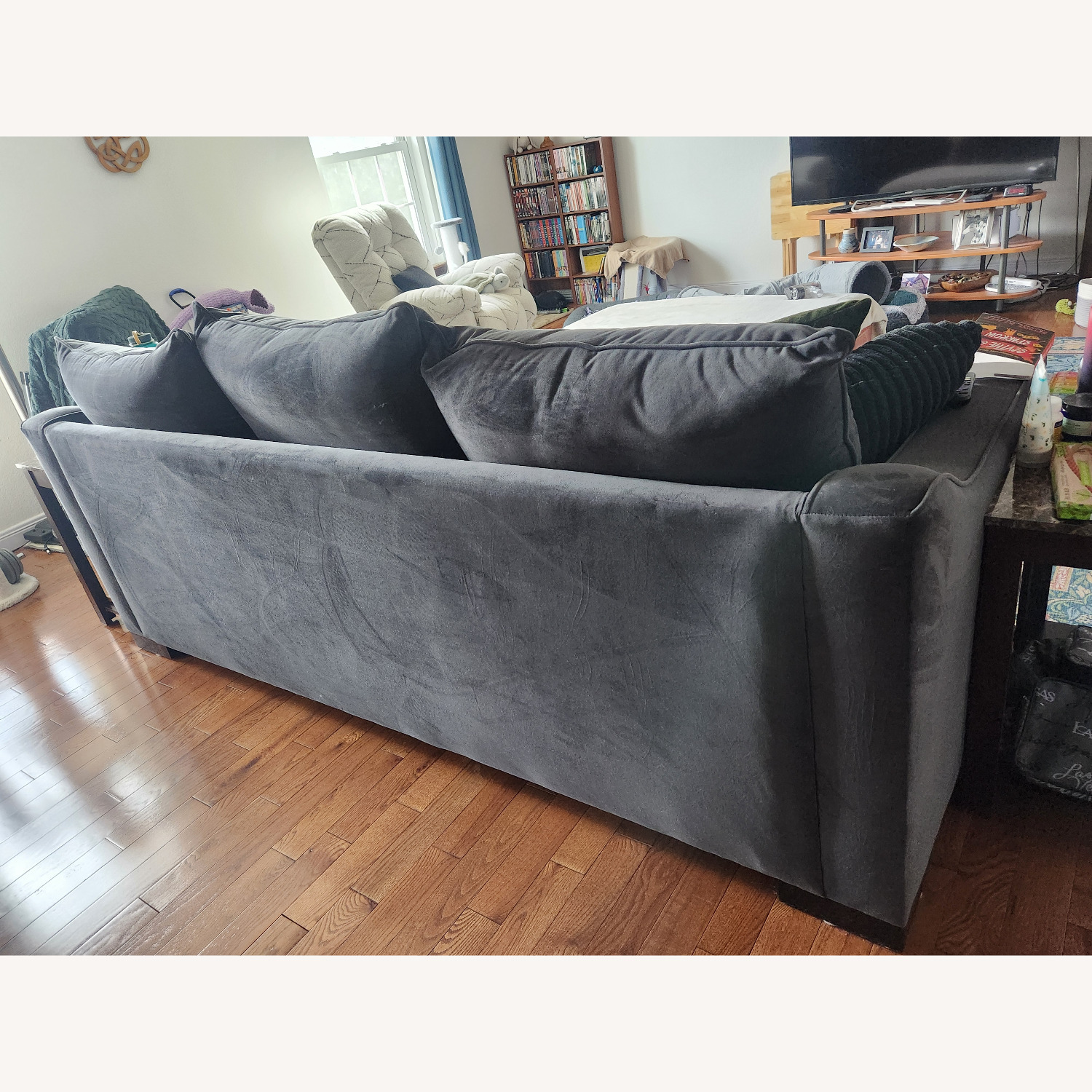 Living Spaces Velvet Blue Gray Sofa - image-2