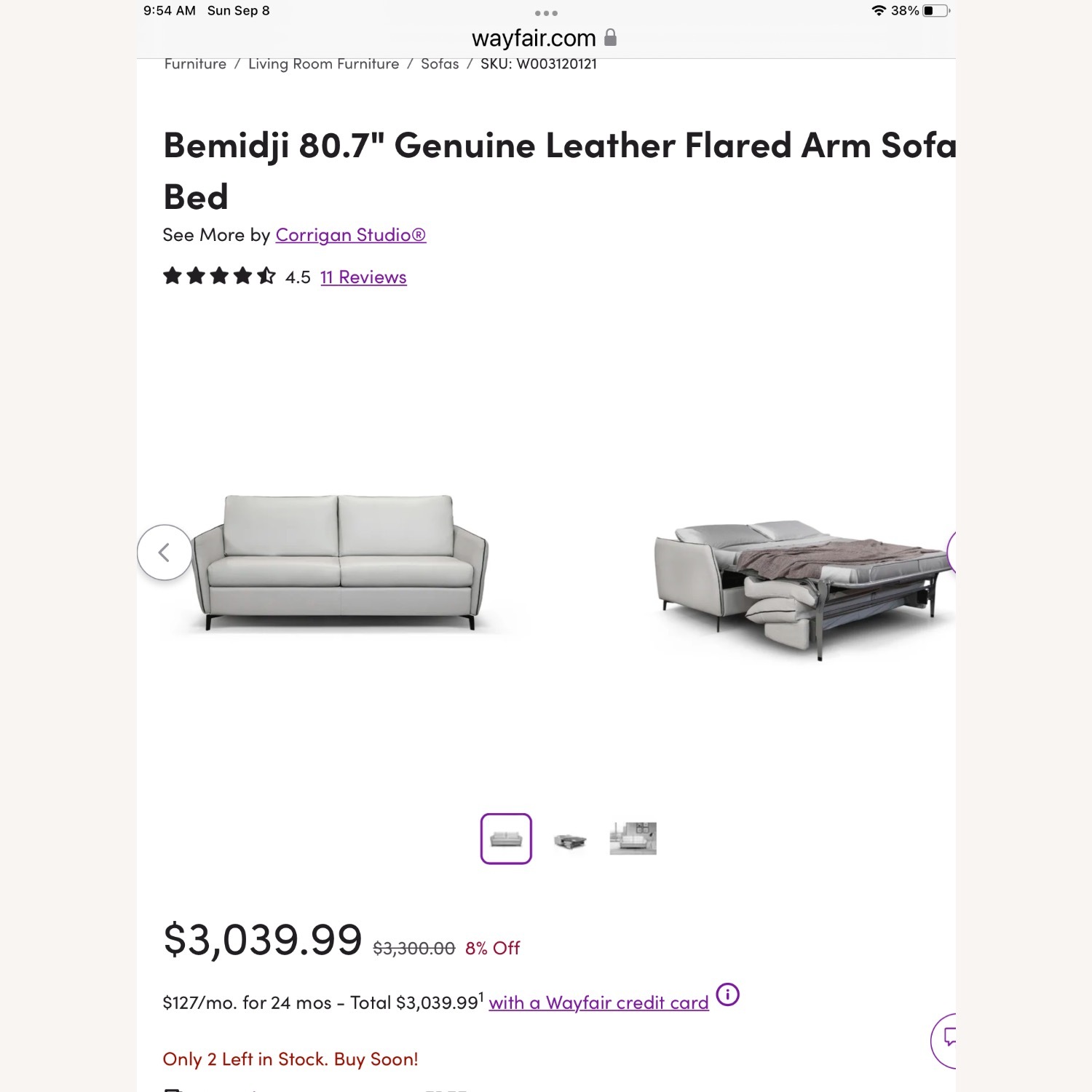 Wayfair Bemidji White Leather Queen Sleeper Sofa - image-3