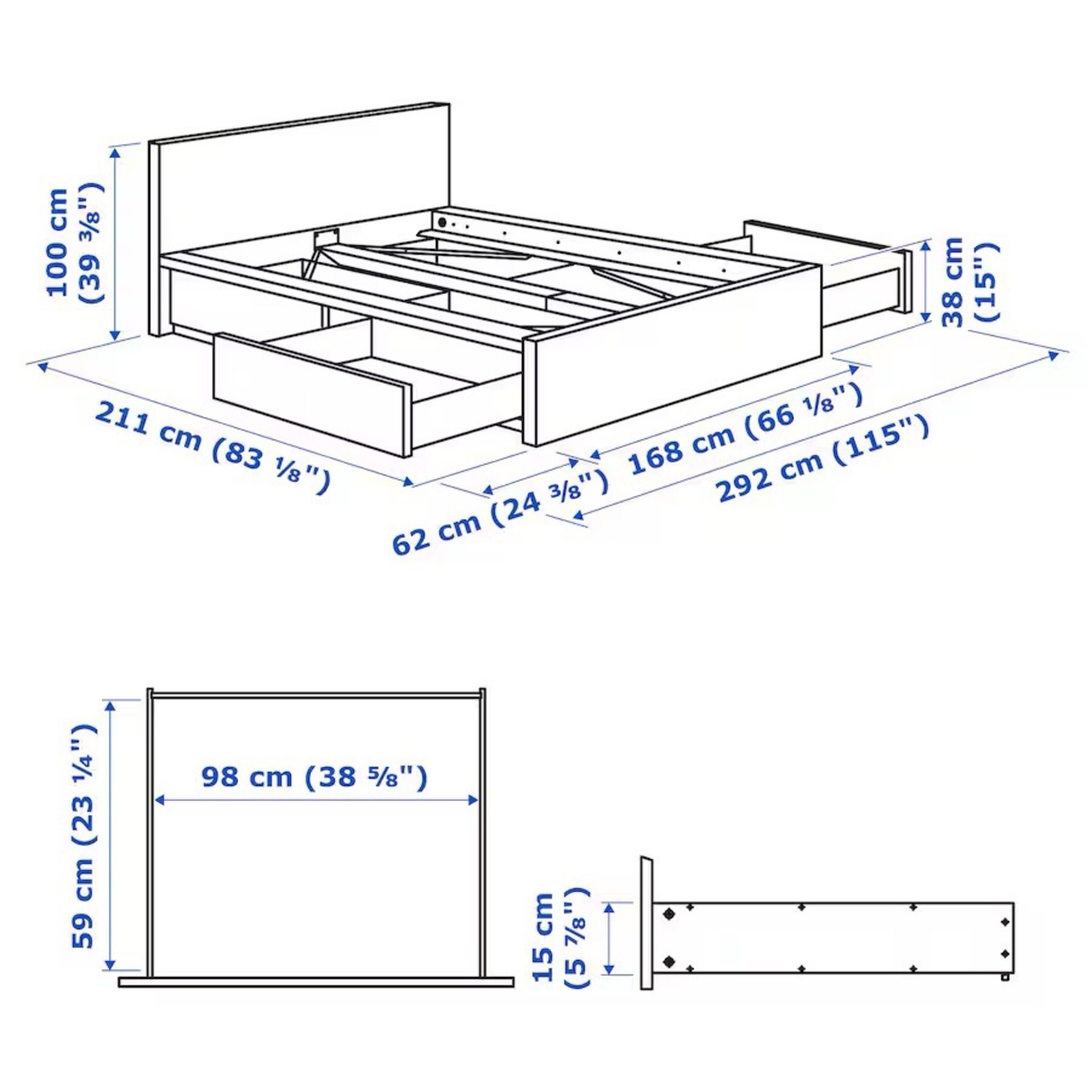 IKEA Malm Queen Bedframe W 2 Storage drawers - image-2
