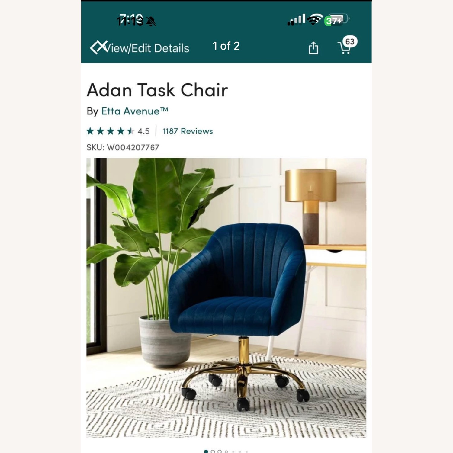 Modern Velvet Office Chair in Teal  - image-1