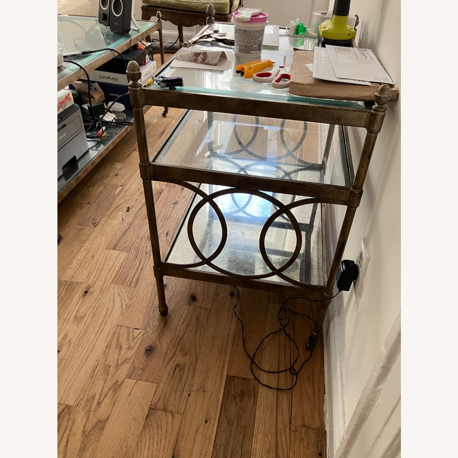 Vintage Glass/Metal Side Table With Wheels - image-5