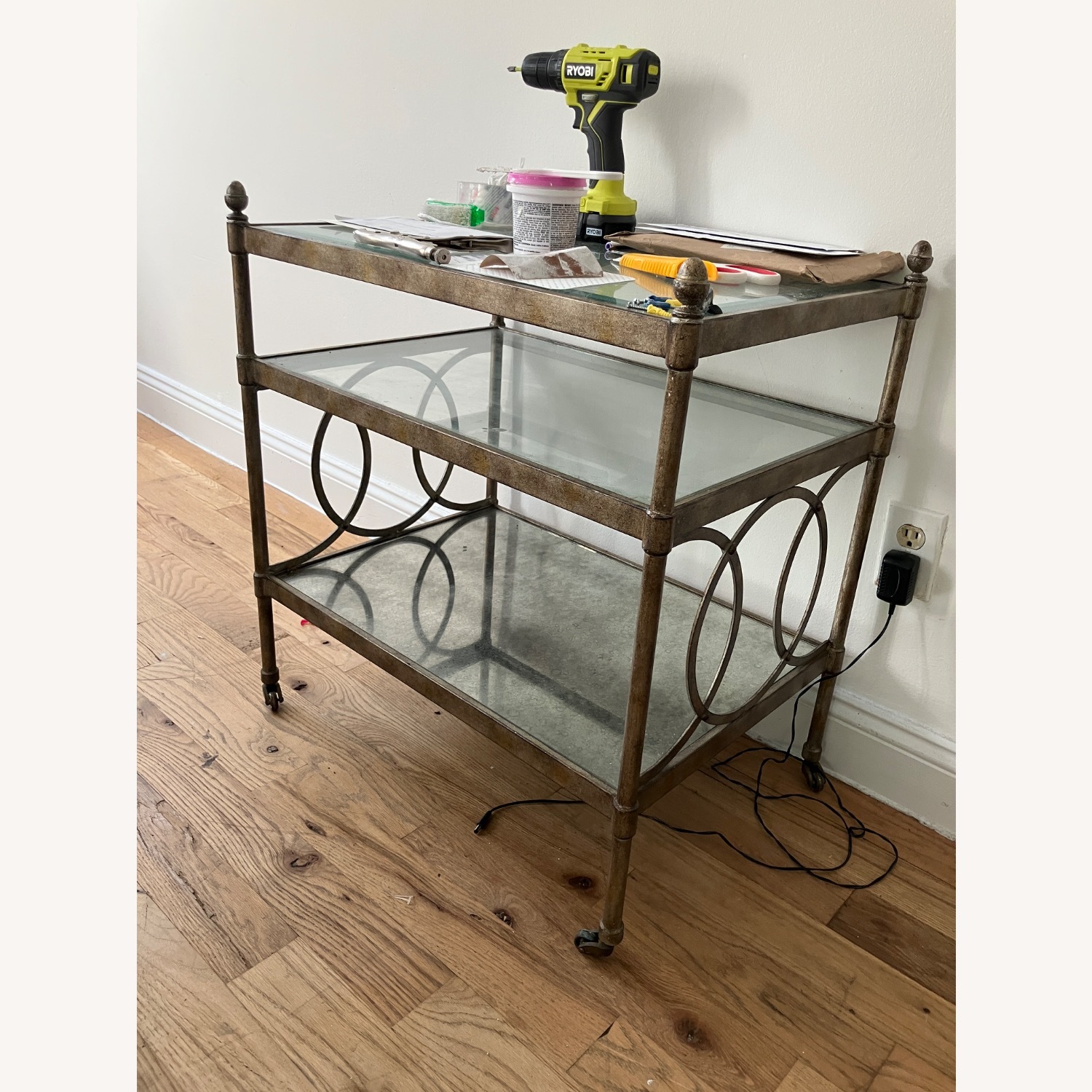 Vintage Glass/Metal Side Table With Wheels - image-1