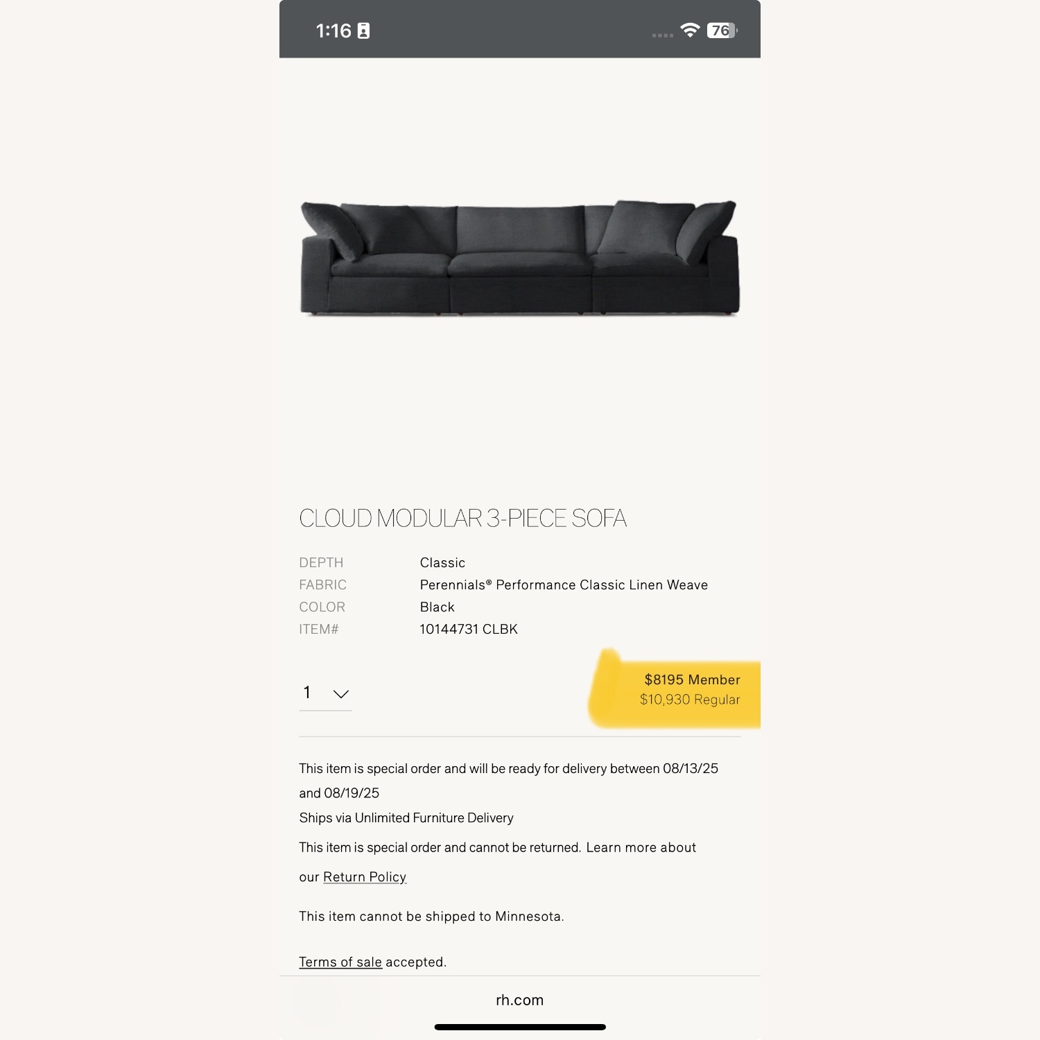 Restoration Hardware Cloud Modular 3-Piece Sofa in Black - image-1