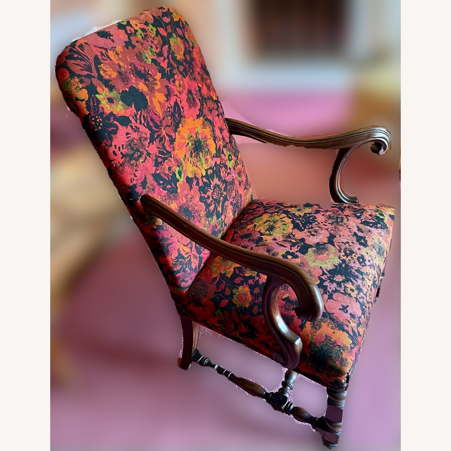 Antique Armchair with Floral Upholstery - image-2