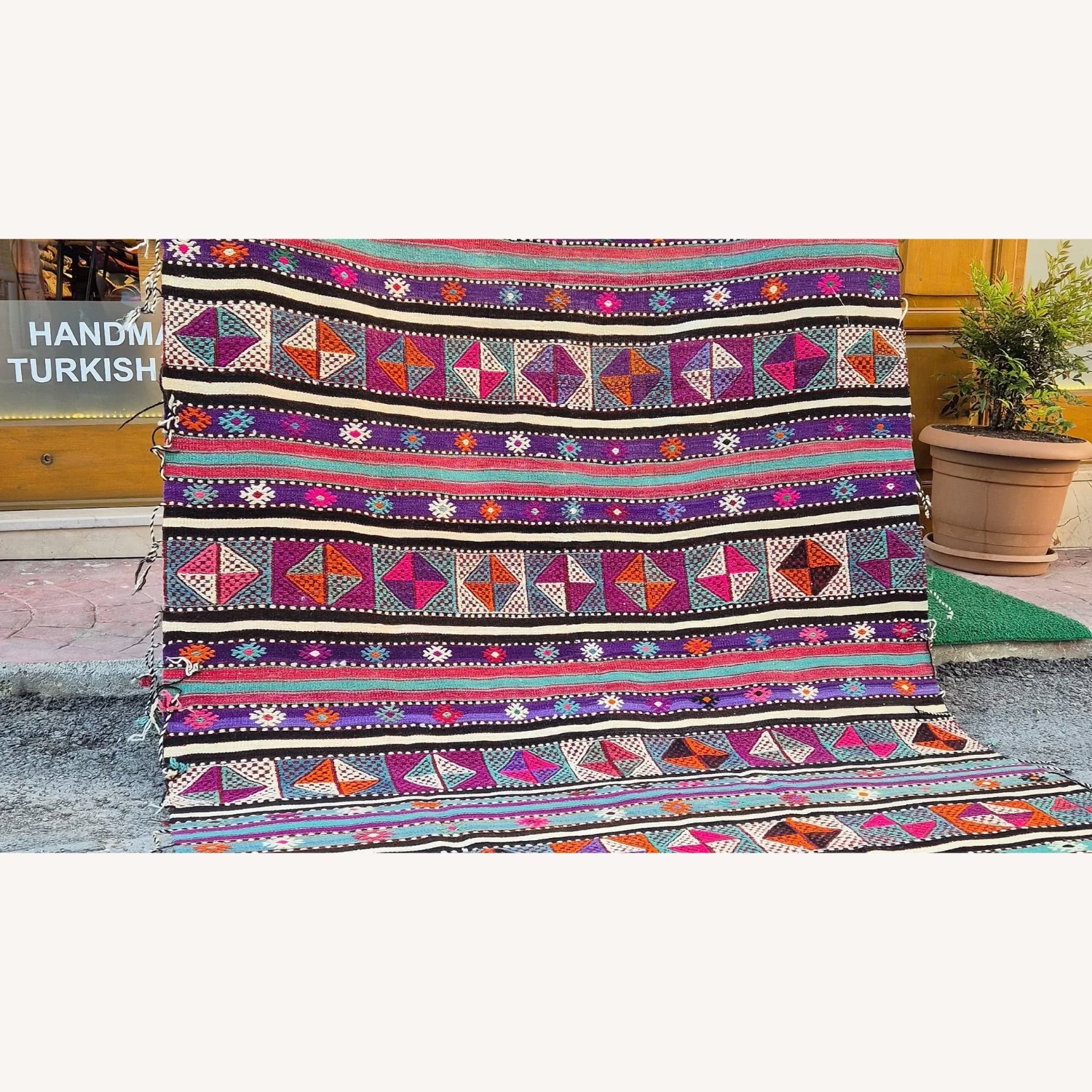 Vintage Turkish Stripped Flat-Weave Plum/Raspberry - image-5