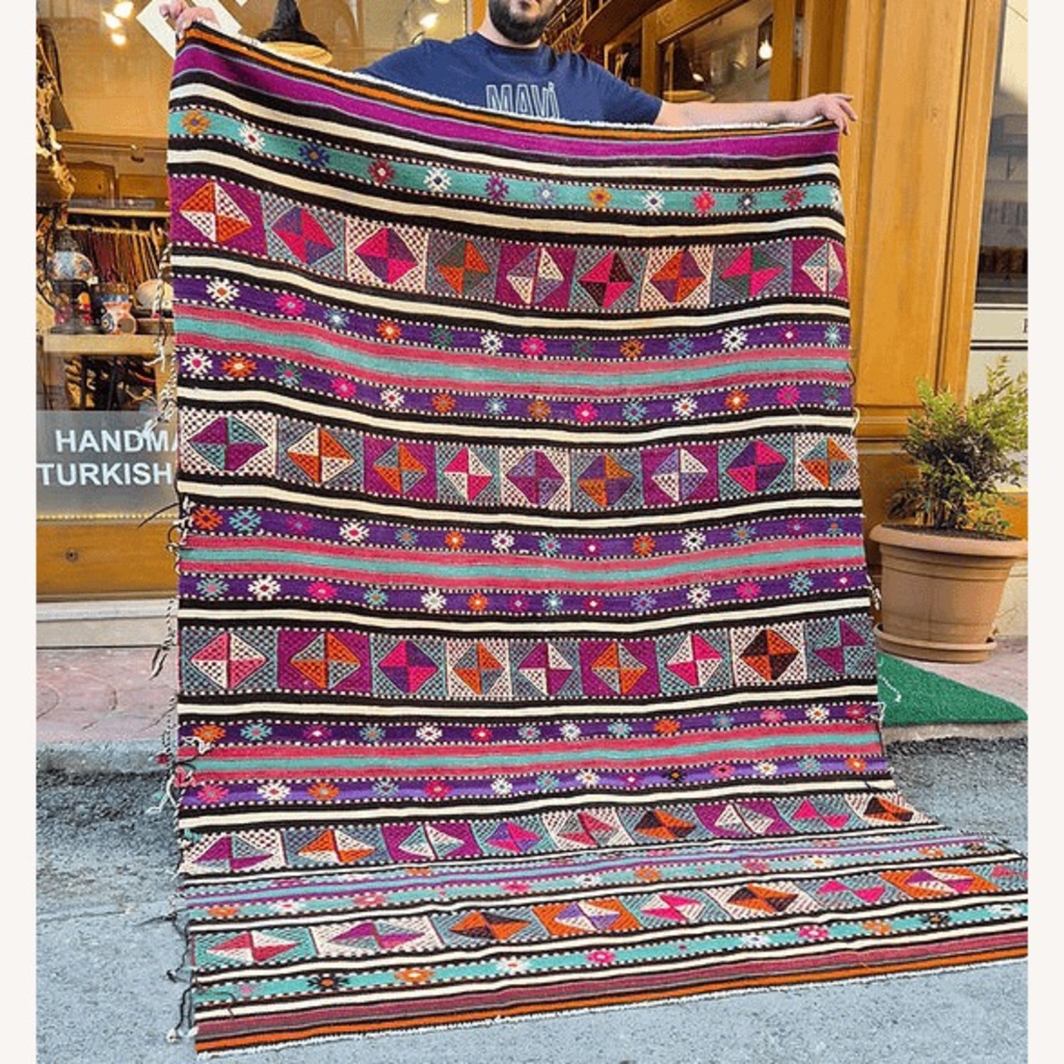 Vintage Turkish Stripped Flat-Weave Plum/Raspberry - image-6