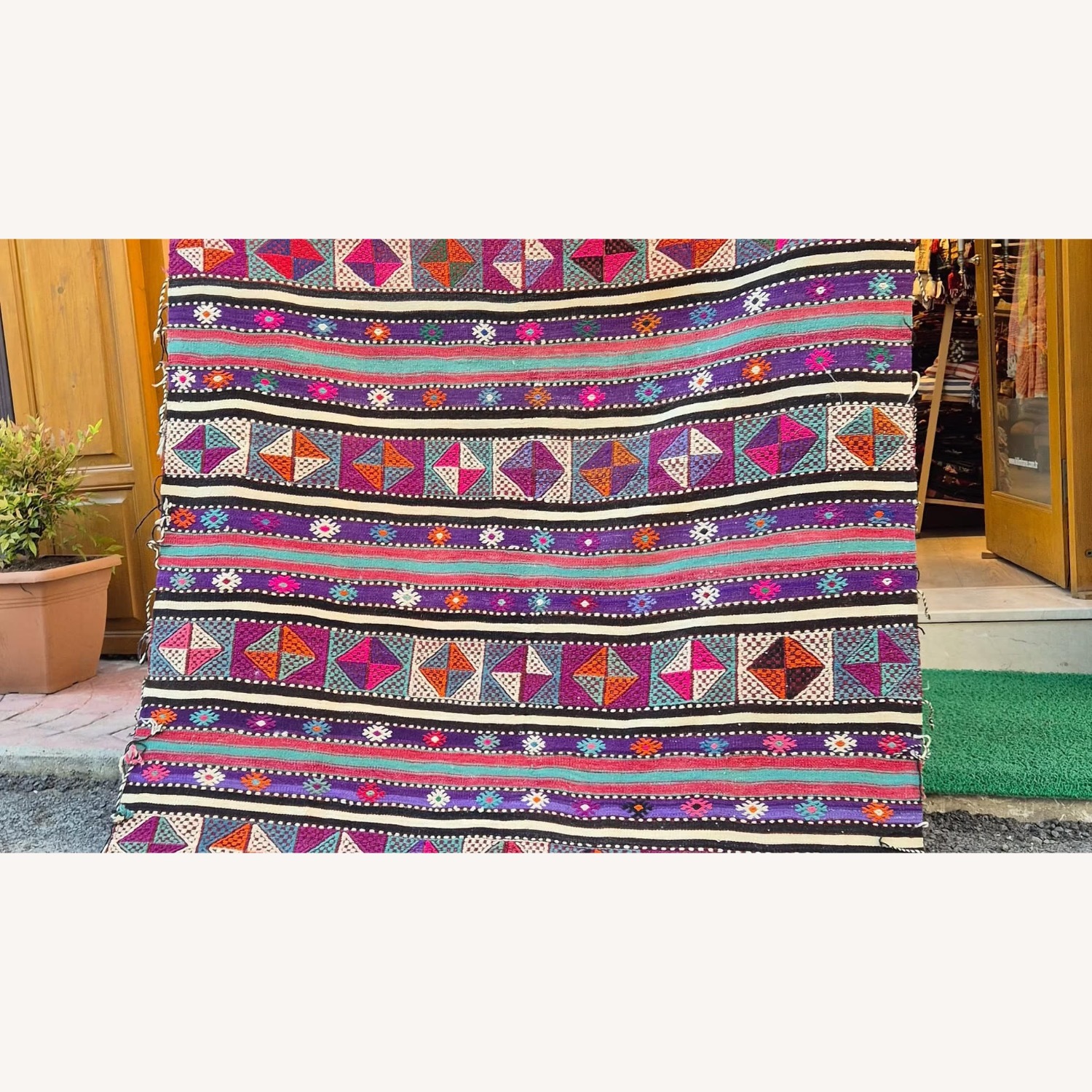 Vintage Turkish Stripped Flat-Weave Plum/Raspberry - image-3