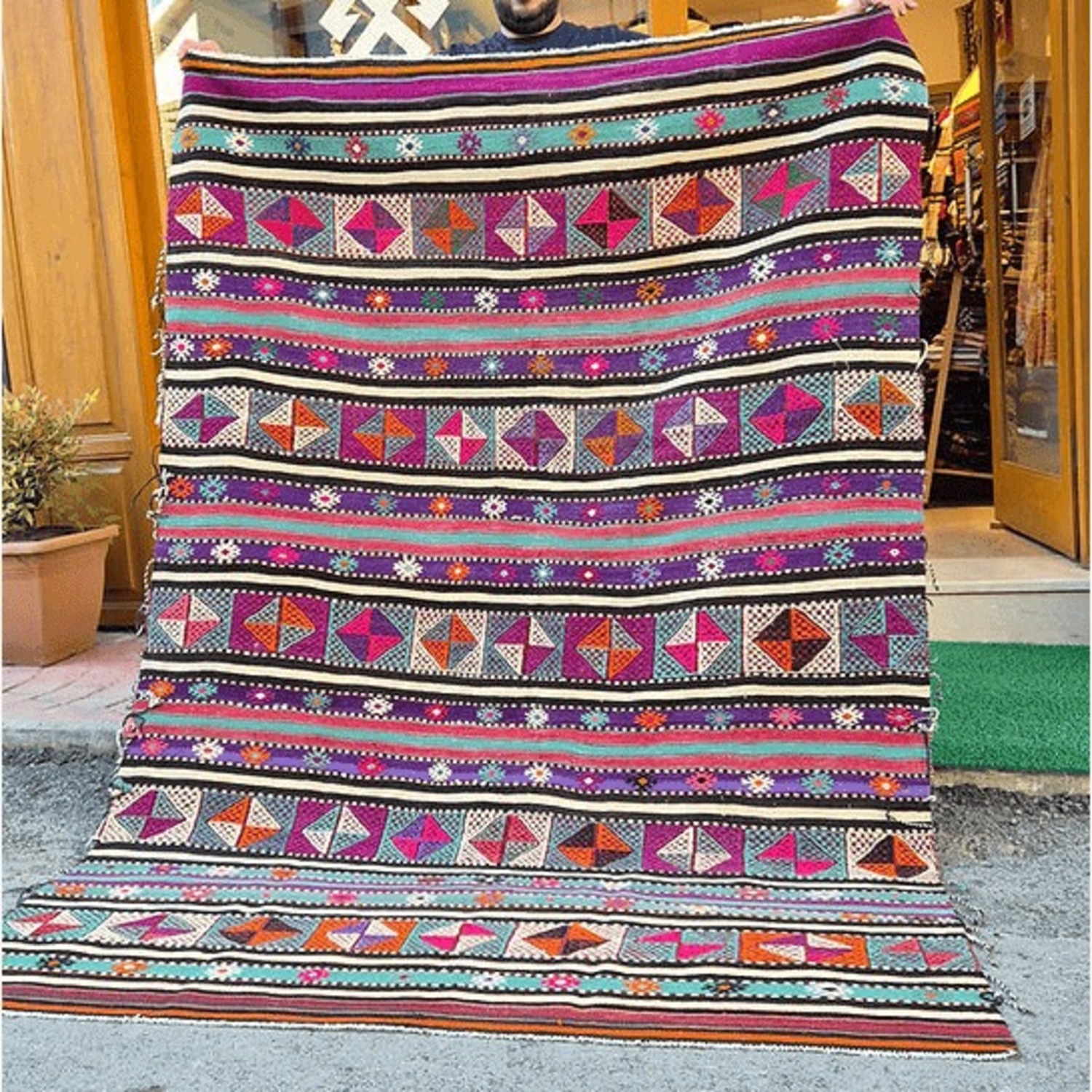 Vintage Turkish Stripped Flat-Weave Plum/Raspberry - image-4