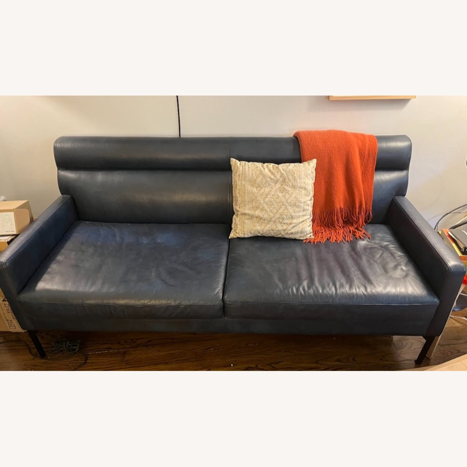 West Elm Blue Leather Loveseat - image-1