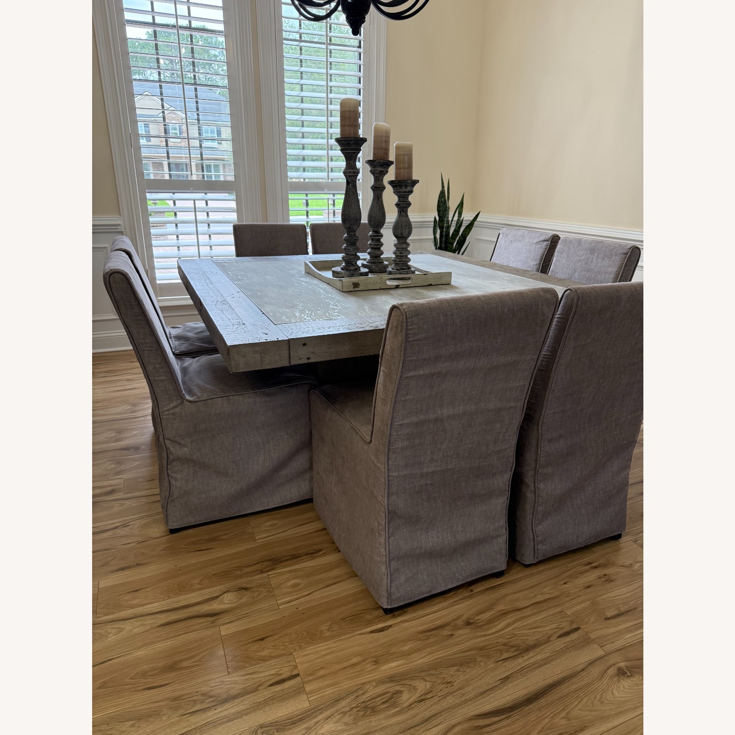 Square Wood Table with 8 Cloth Chairs - image-1