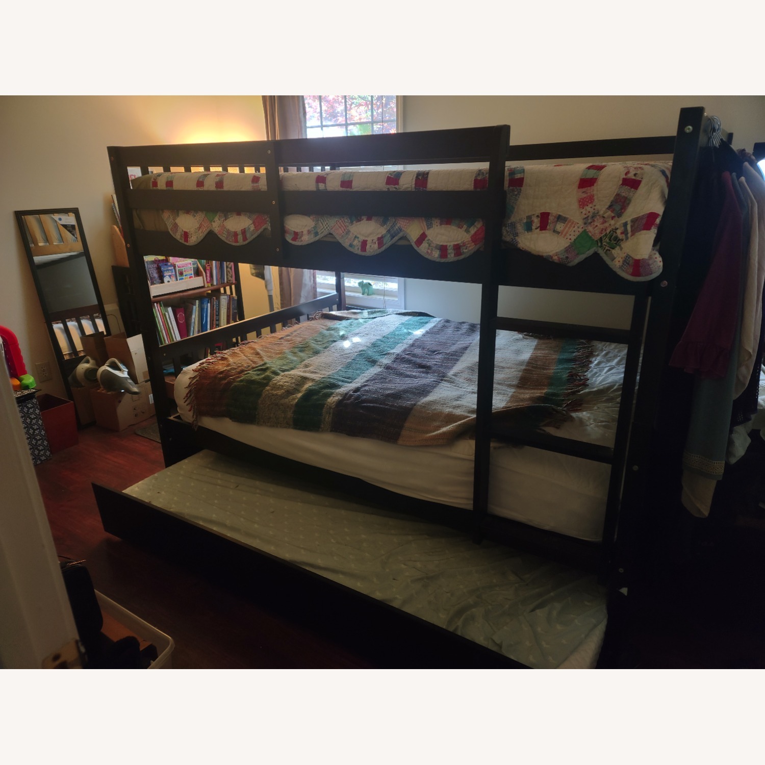 Full over Full Bunk Bed Platform Wood Bed with Ladder - image-1