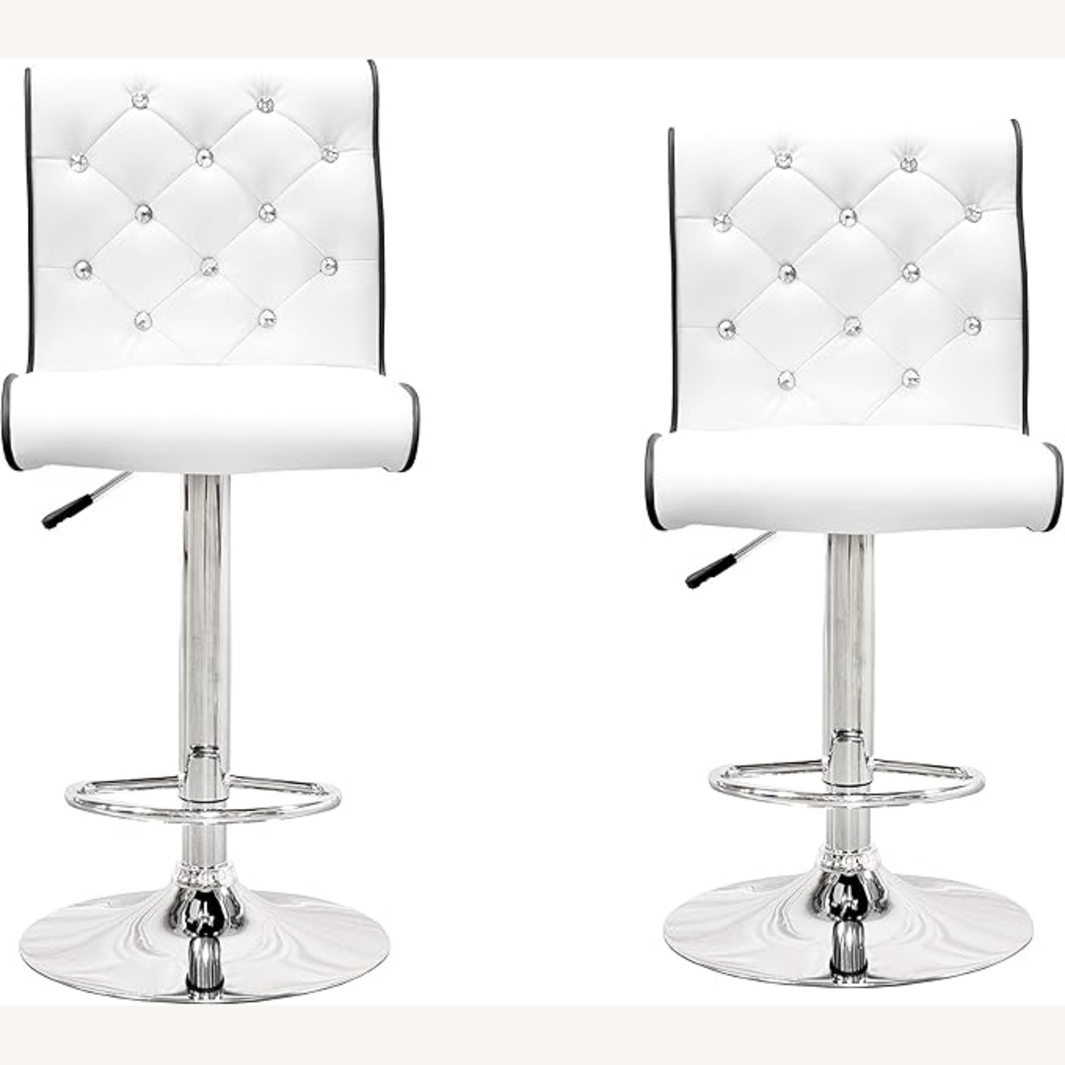 2 White Vynyle Bar Stools, Chrome Pedestal - image-10