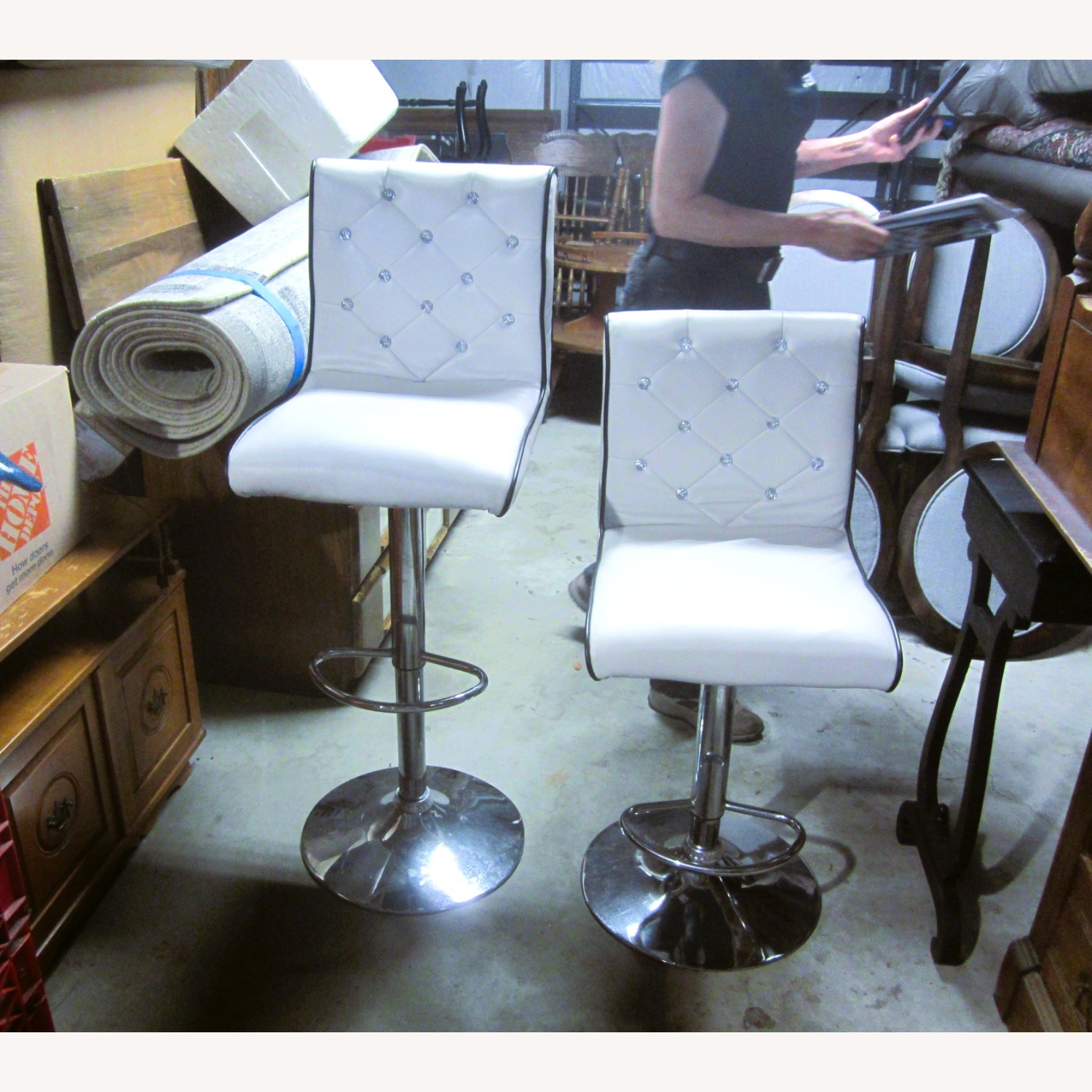 2 White Vynyle Bar Stools, Chrome Pedestal - image-1