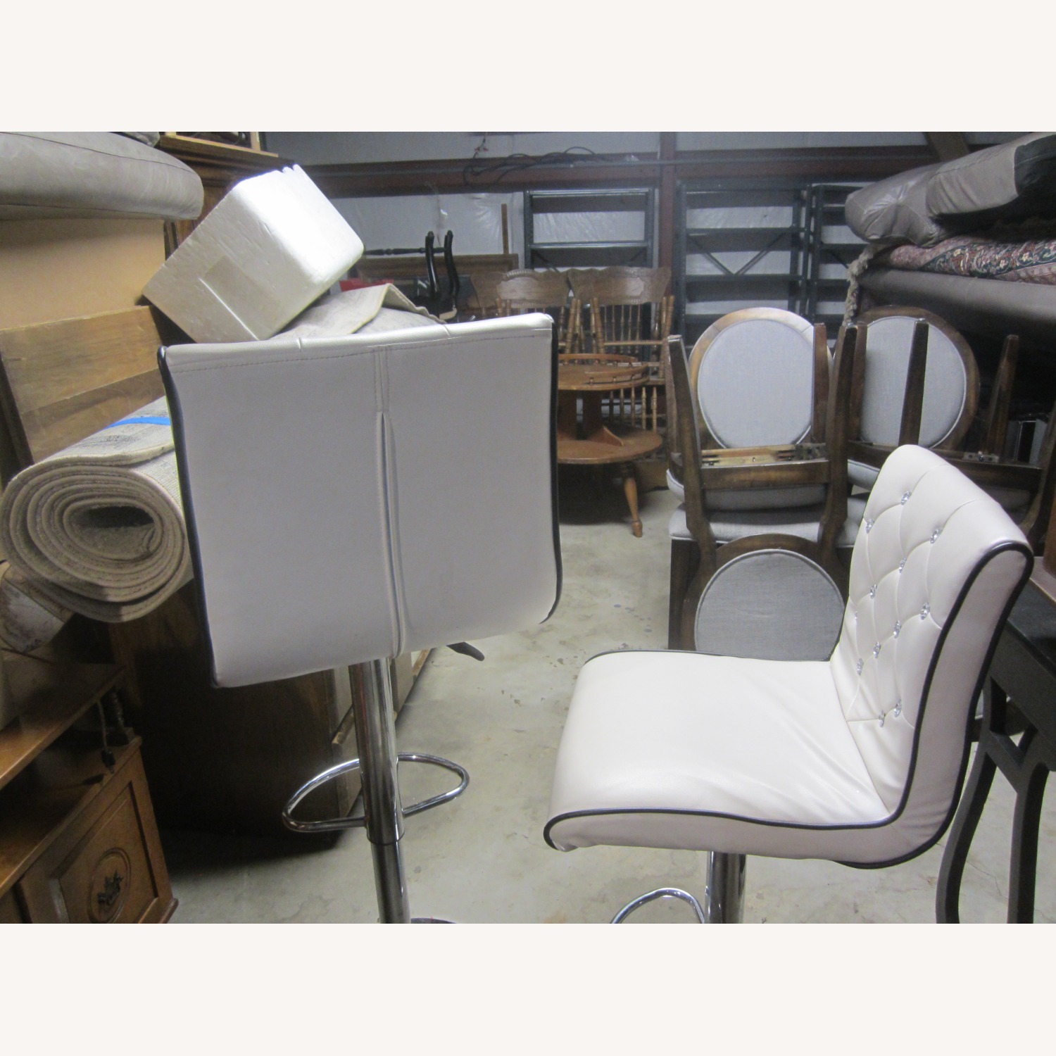 2 White Vynyle Bar Stools, Chrome Pedestal - image-6
