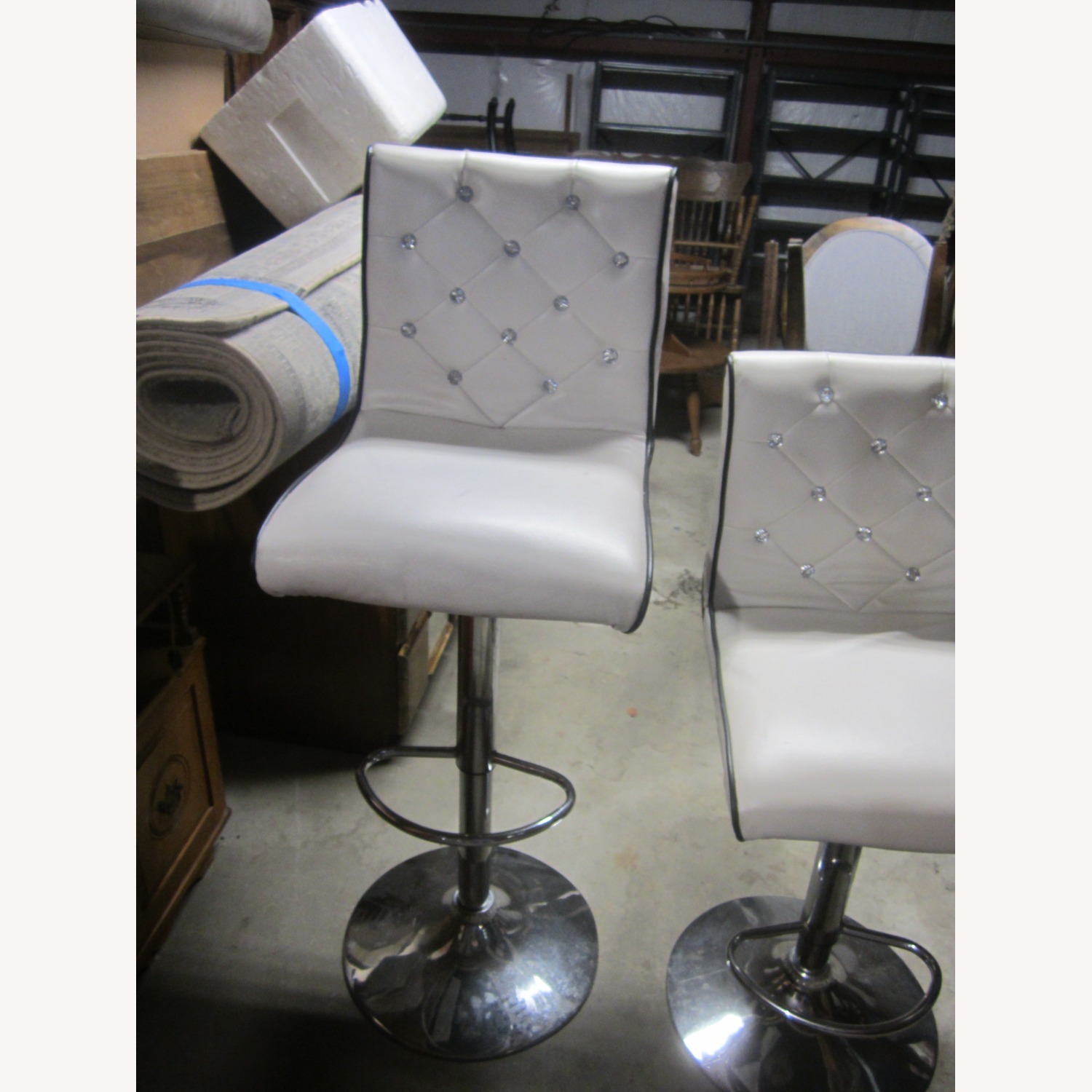 2 White Vynyle Bar Stools, Chrome Pedestal - image-3