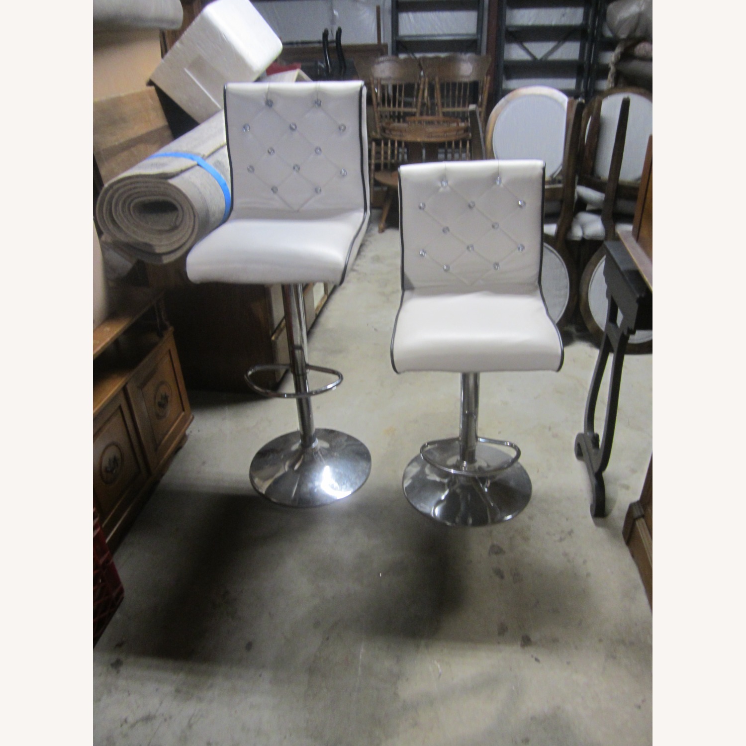 2 White Vynyle Bar Stools, Chrome Pedestal - image-2