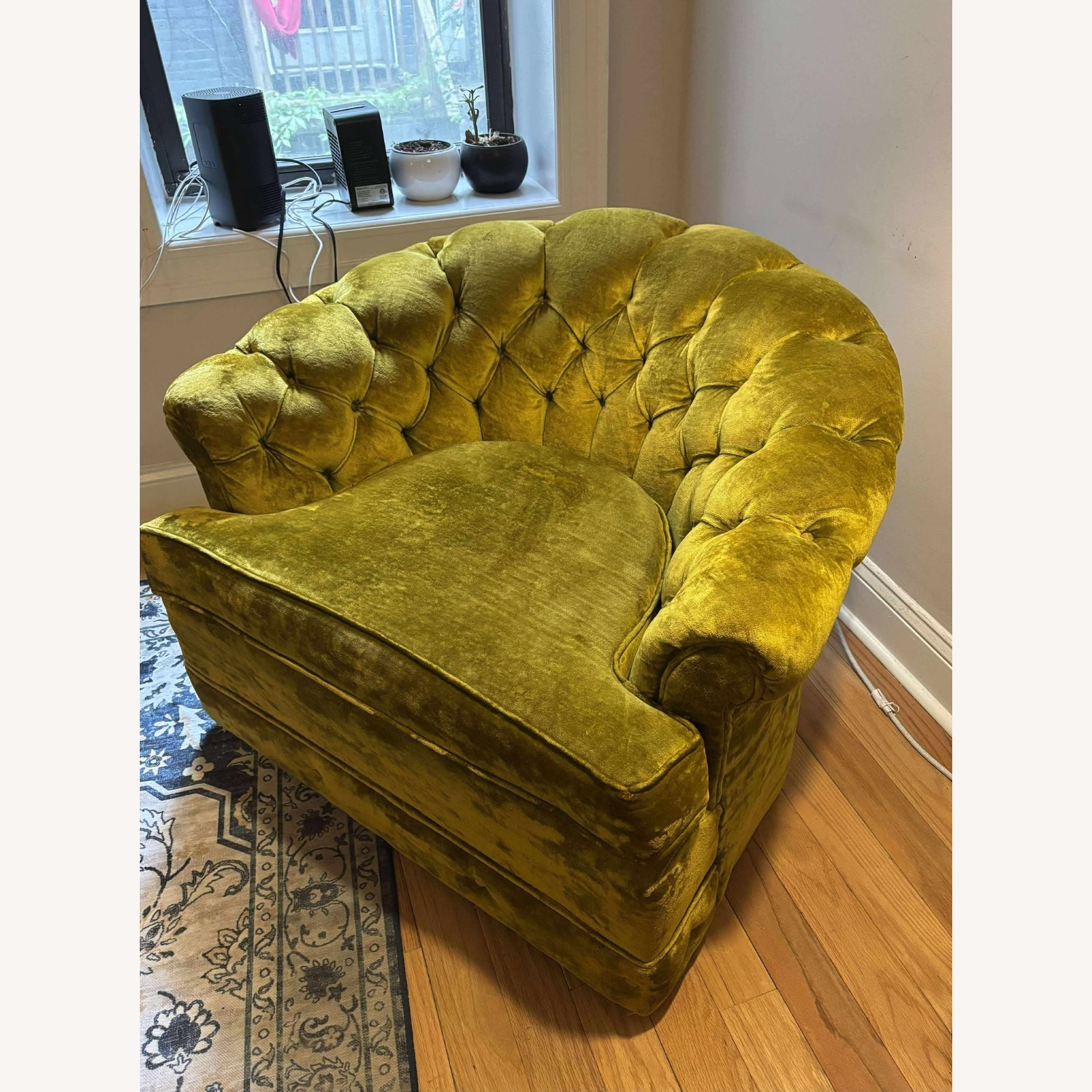 Vintage Velvet Tufted Armchair in Rich Olive Green - image-3