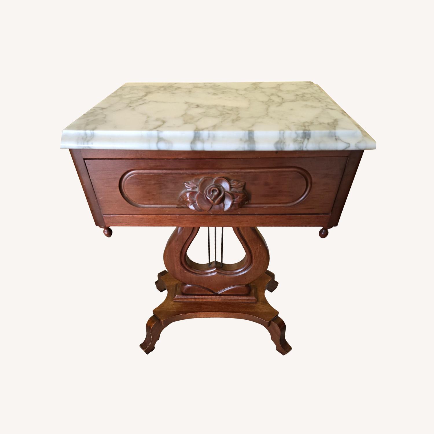 Mahogany Harp Side Table with Marble Top - image-0