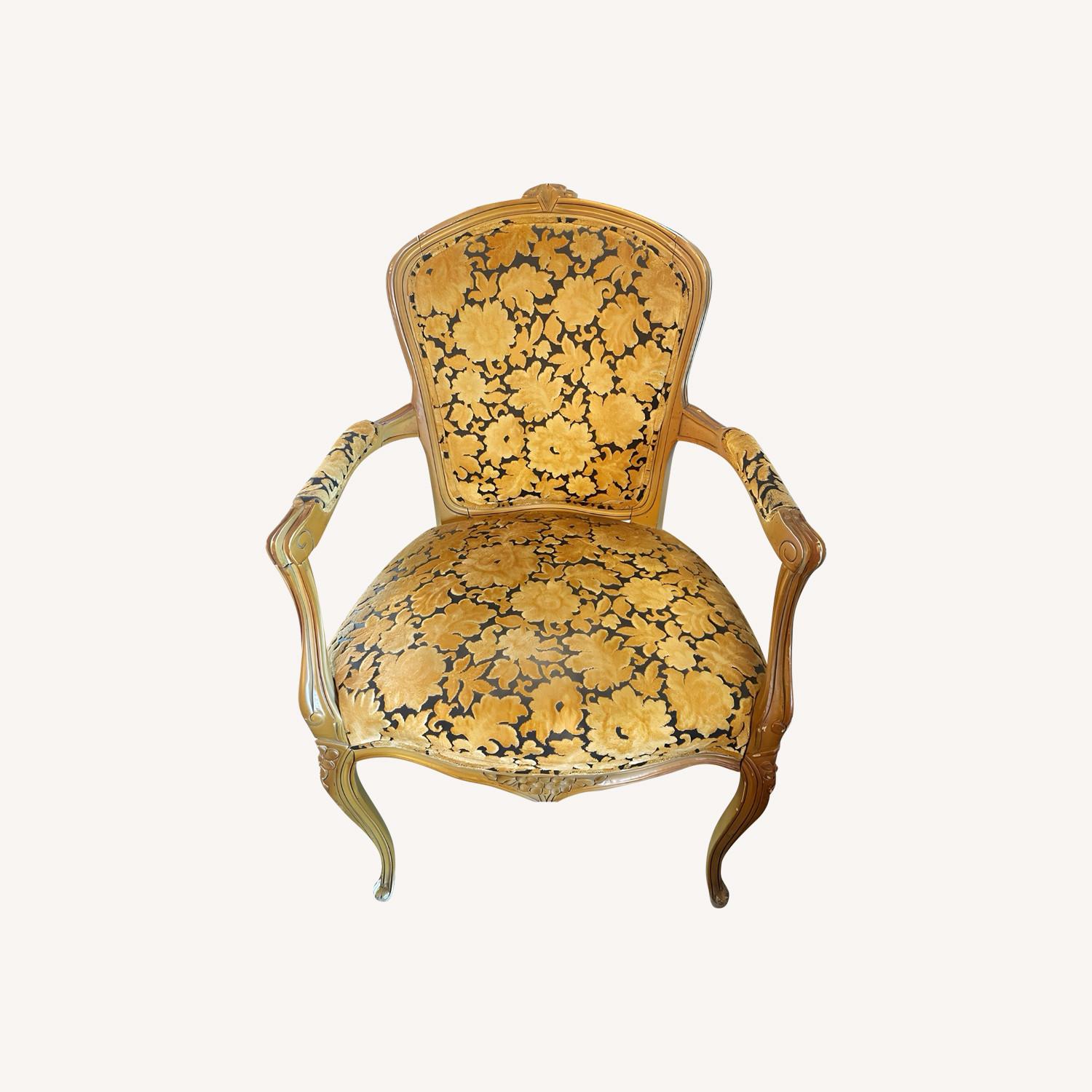 Vtg Louis XV Armchair Carvings Black & Gold Fabric - image-0