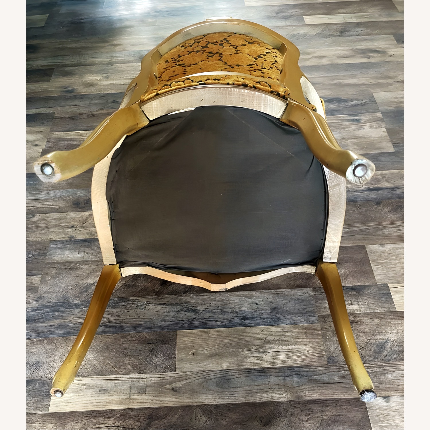 Vtg Louis XV Armchair Carvings Black & Gold Fabric - image-8