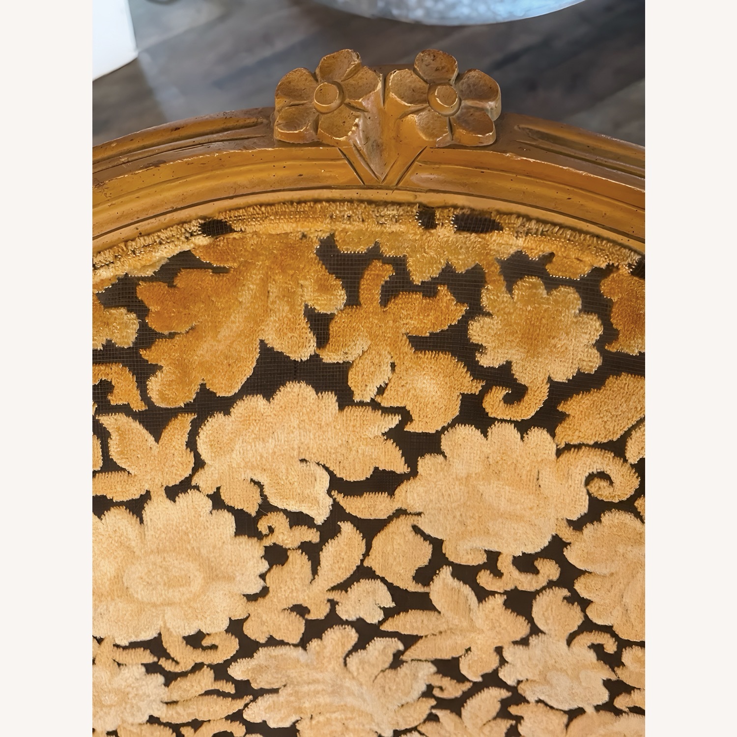 Vtg Louis XV Armchair Carvings Black & Gold Fabric - image-5