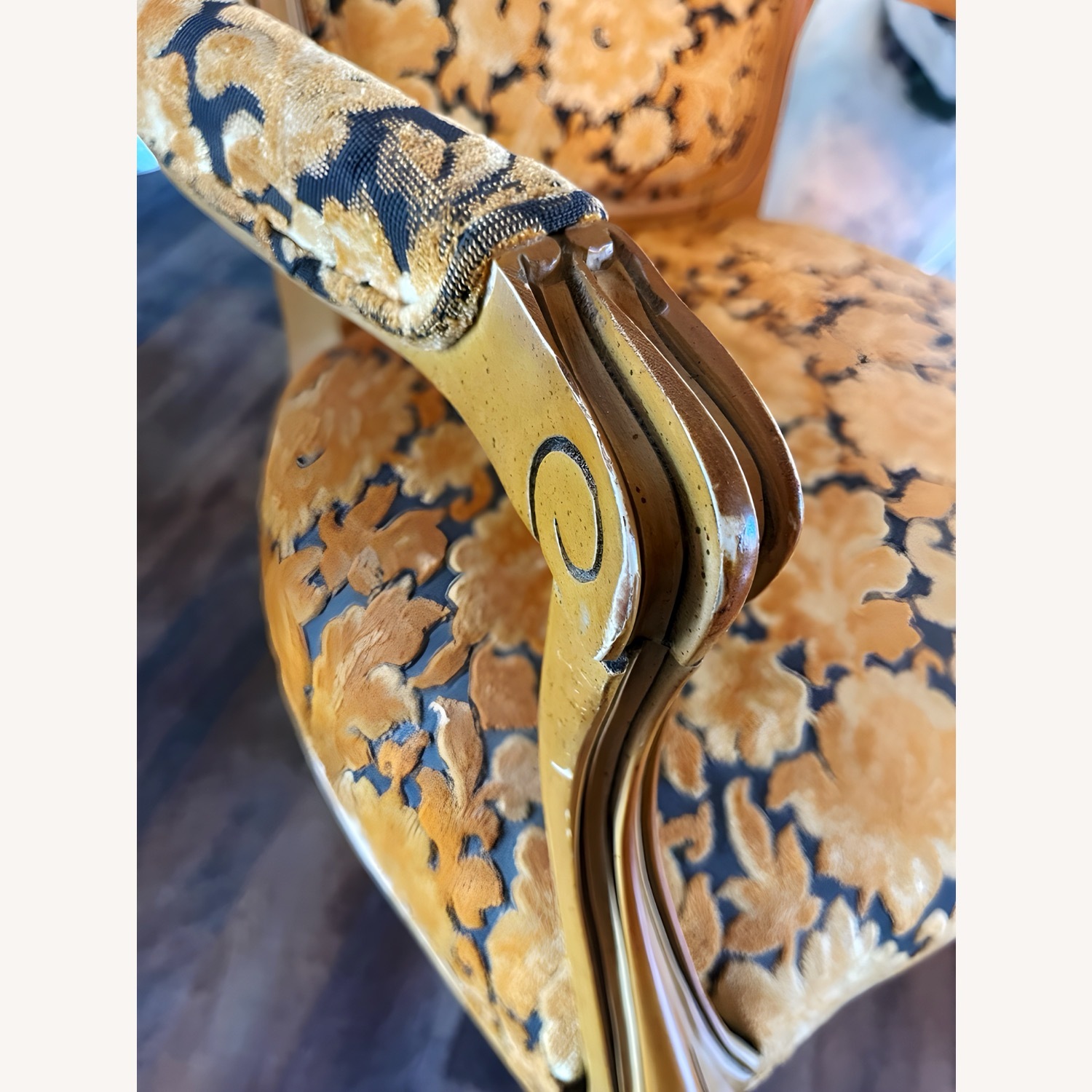 Vtg Louis XV Armchair Carvings Black & Gold Fabric - image-3