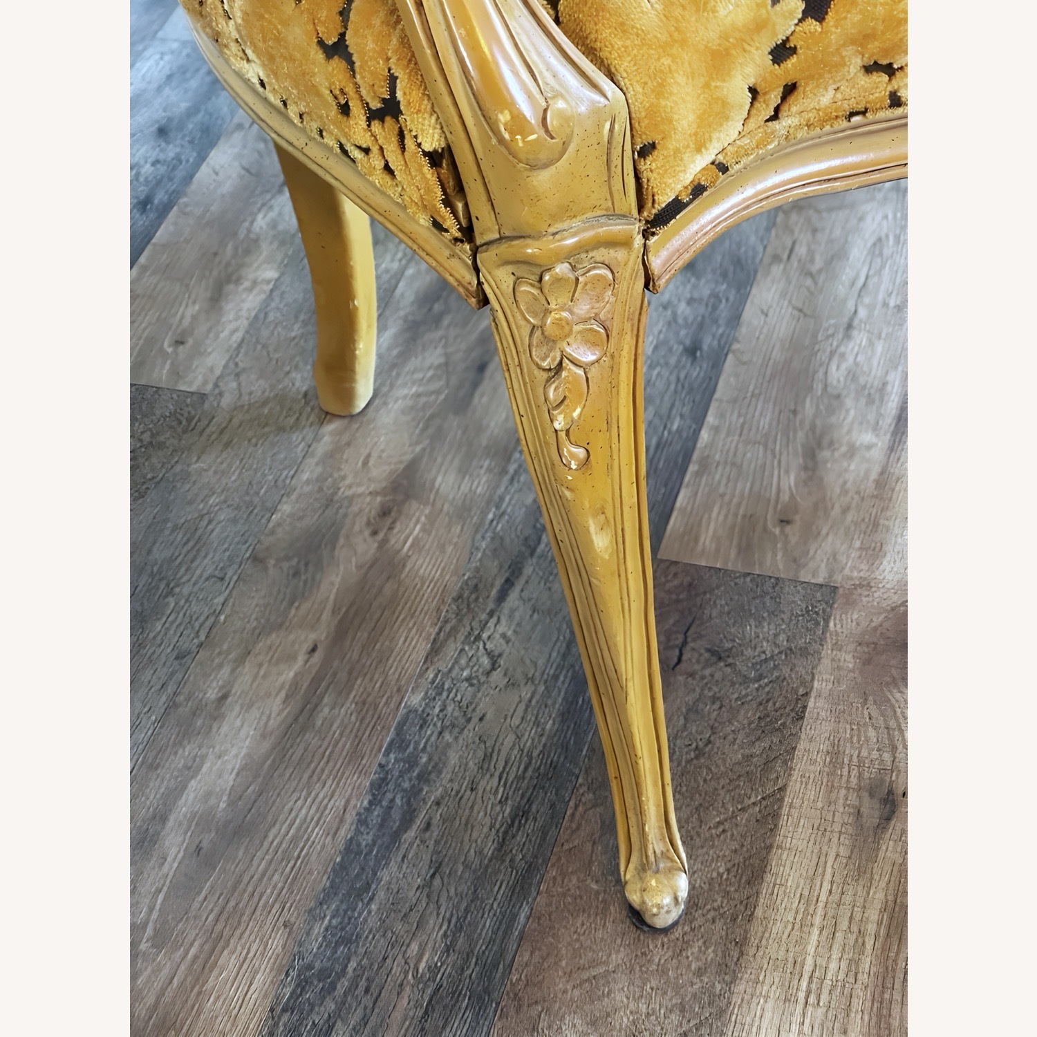 Vtg Louis XV Armchair Carvings Black & Gold Fabric - image-4