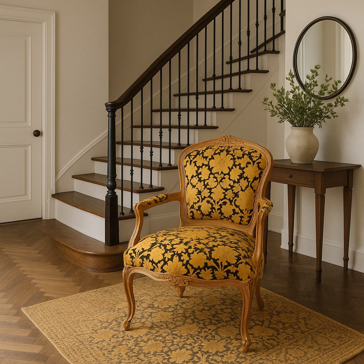 Vtg Louis XV Armchair Carvings Black & Gold Fabric - image-9