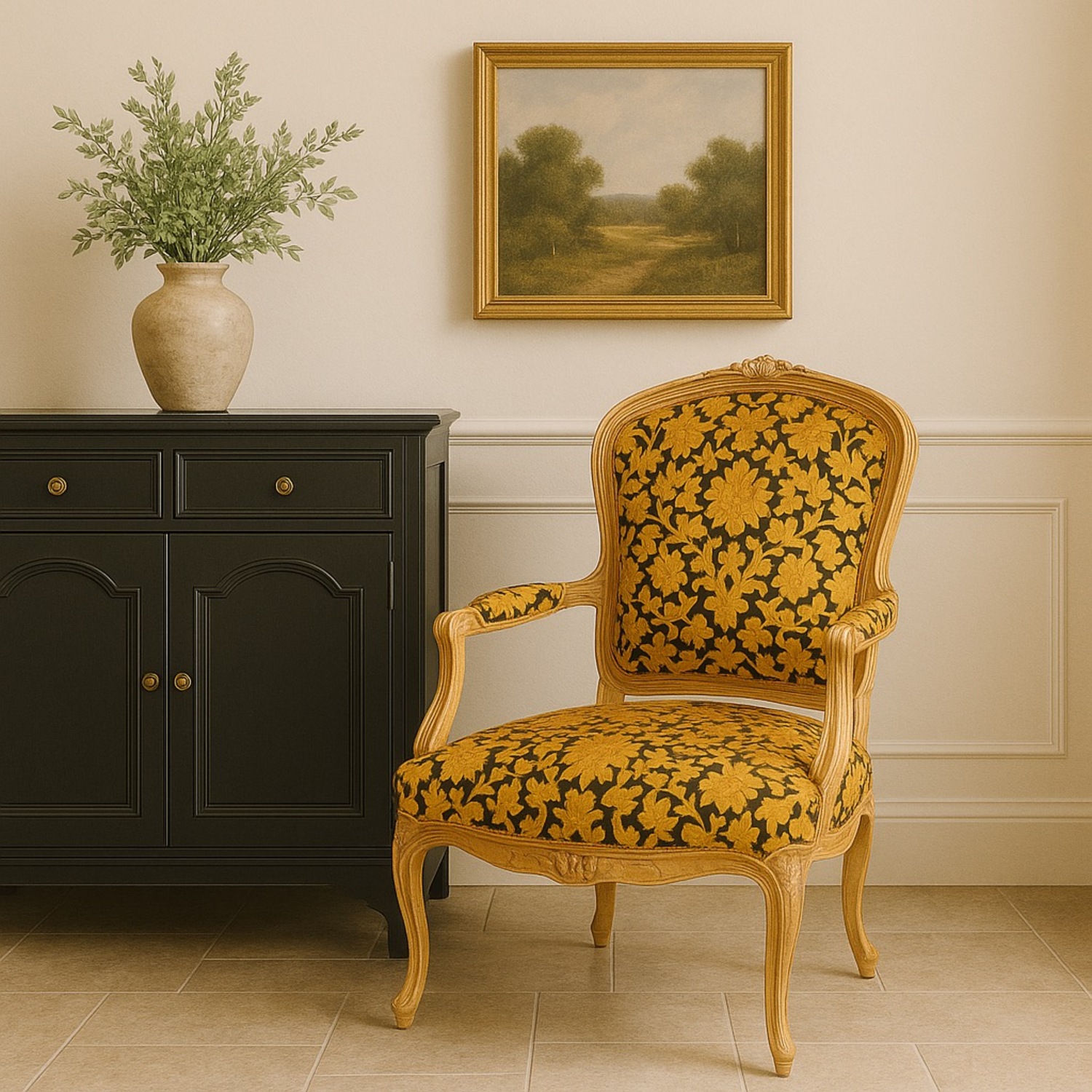 Vtg Louis XV Armchair Carvings Black & Gold Fabric - image-10