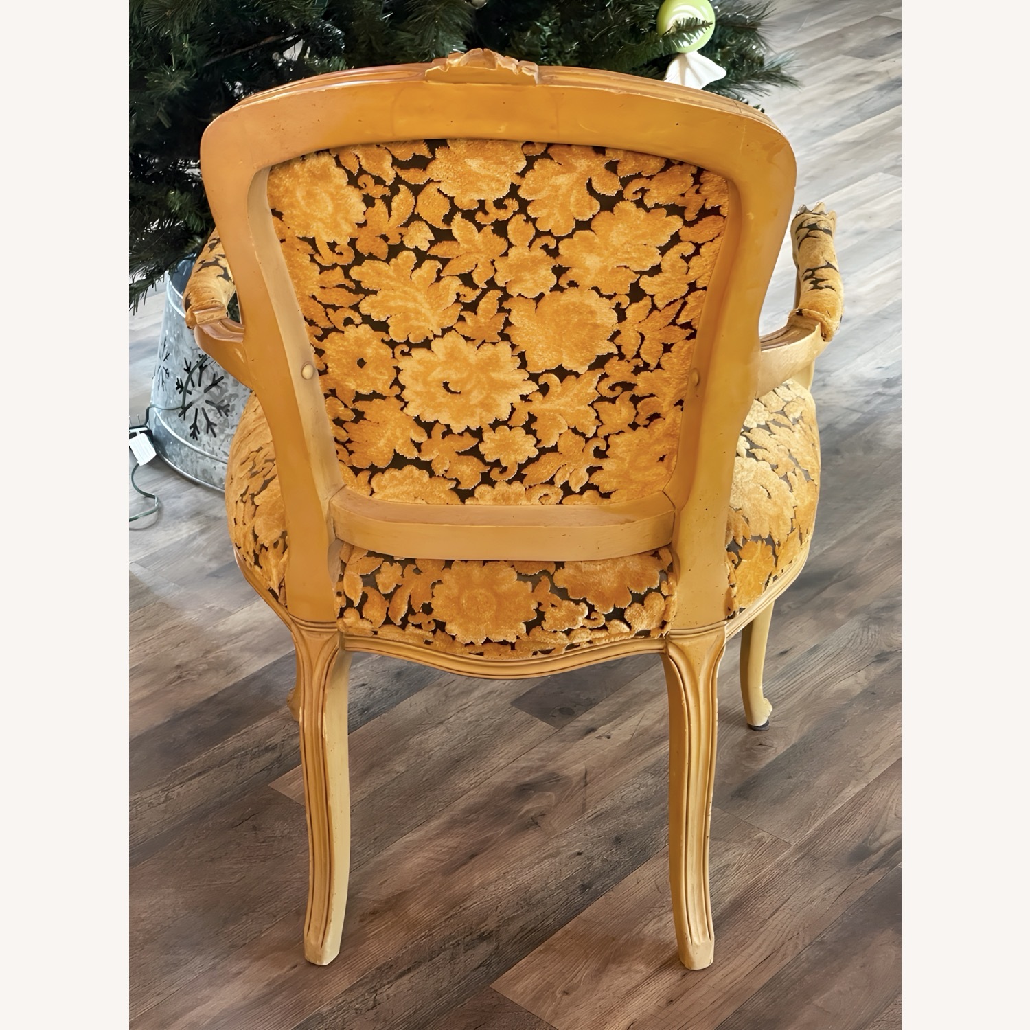 Vtg Louis XV Armchair Carvings Black & Gold Fabric - image-7