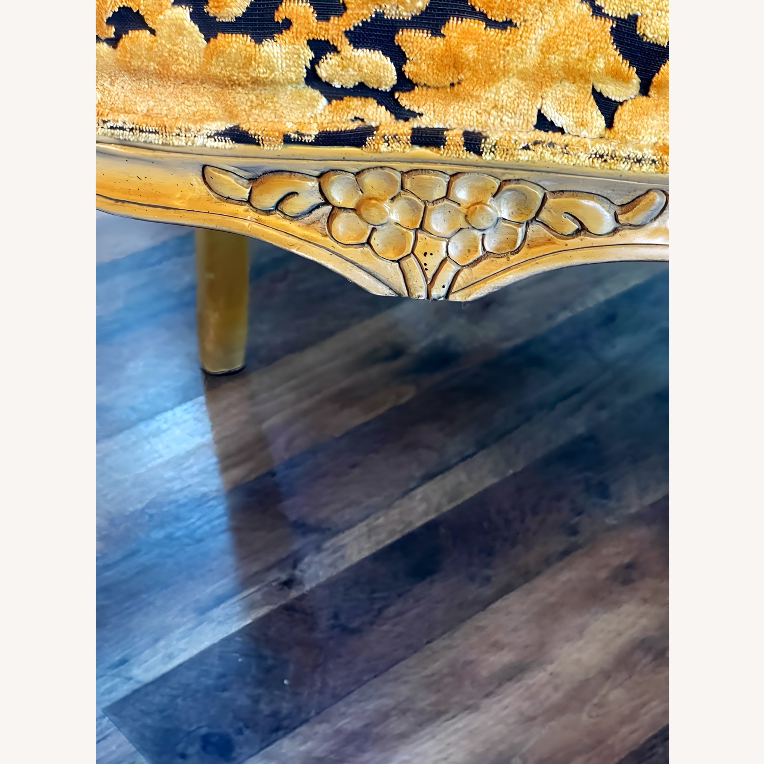 Vtg Louis XV Armchair Carvings Black & Gold Fabric - image-6
