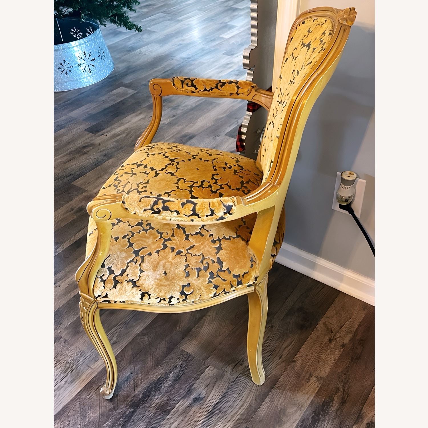 Vtg Louis XV Armchair Carvings Black & Gold Fabric - image-2