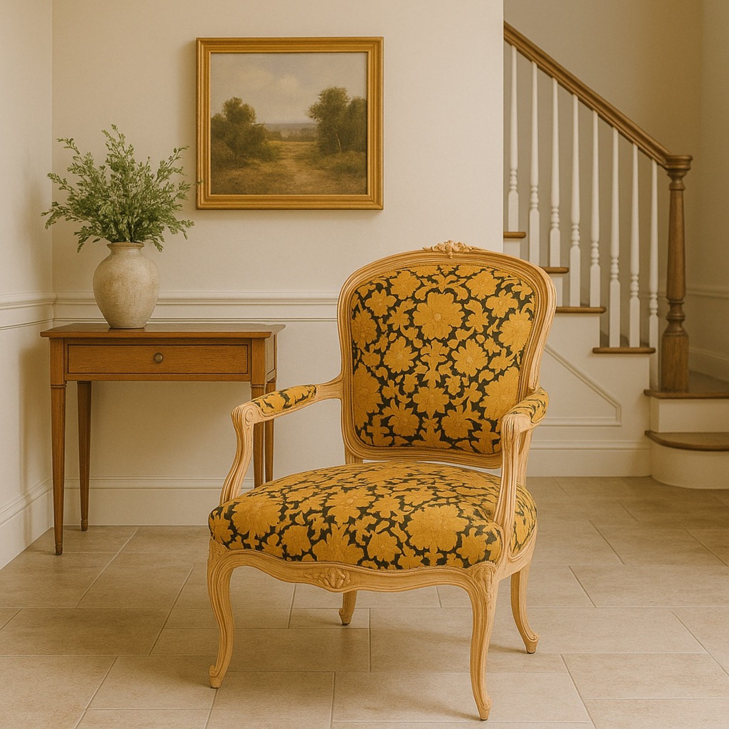 Vtg Louis XV Armchair Carvings Black & Gold Fabric - image-11