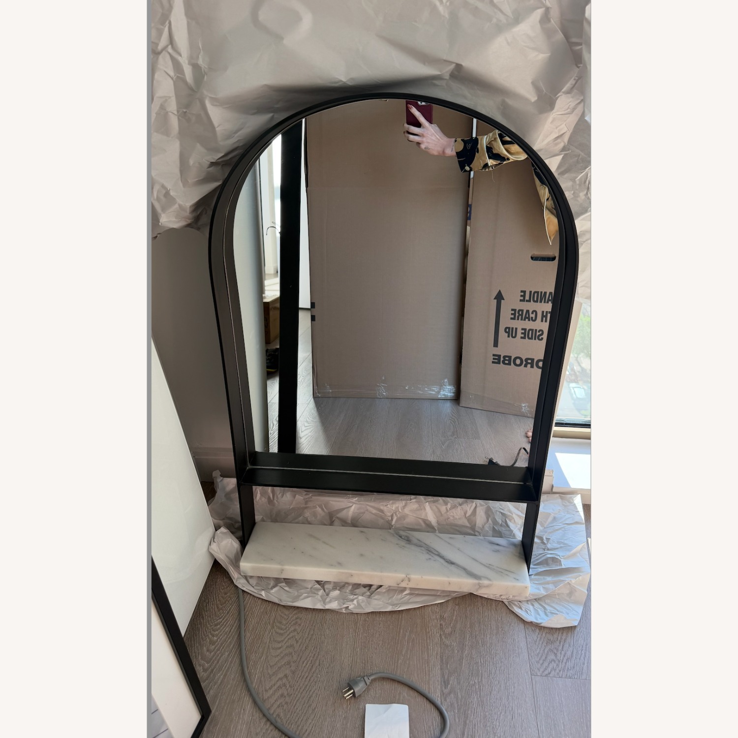 CB2 Black Arch Wall Mirror with Marble Shelf - image-1