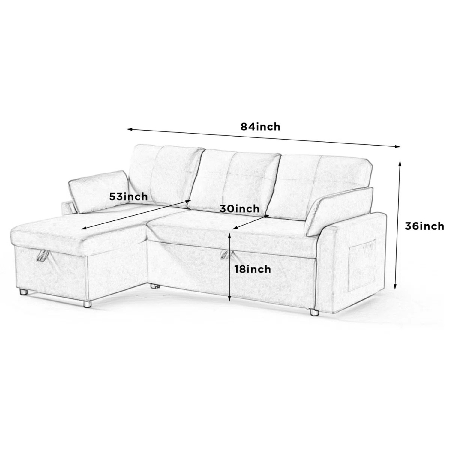 84" Sofa Bed Pull Out Bed with Storage Chaise - AptDeco