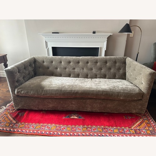 Used Custom Tufted Velvet Sofa in Silvery Taupe for sale on AptDeco