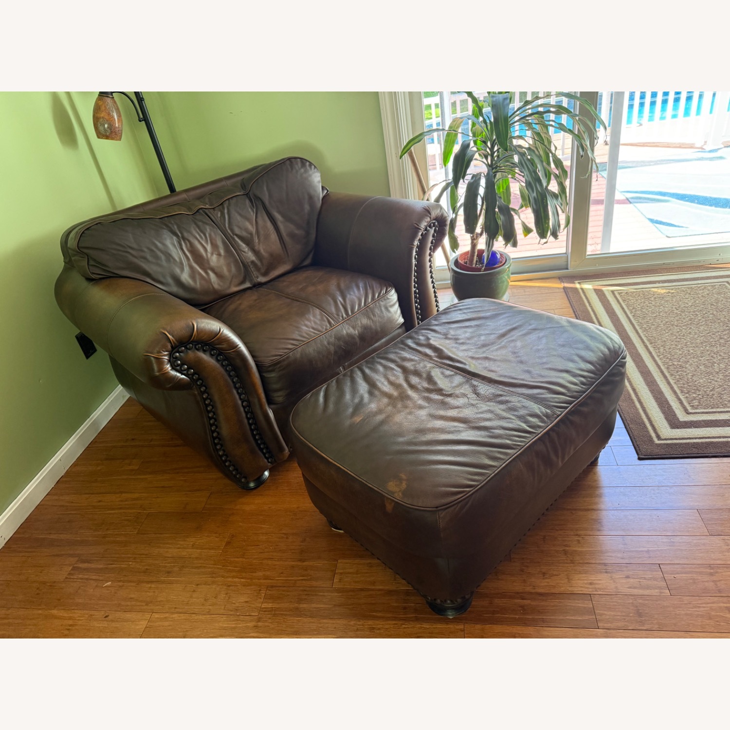 Oversized Leather Armchair with Leather Ottomon - image-1