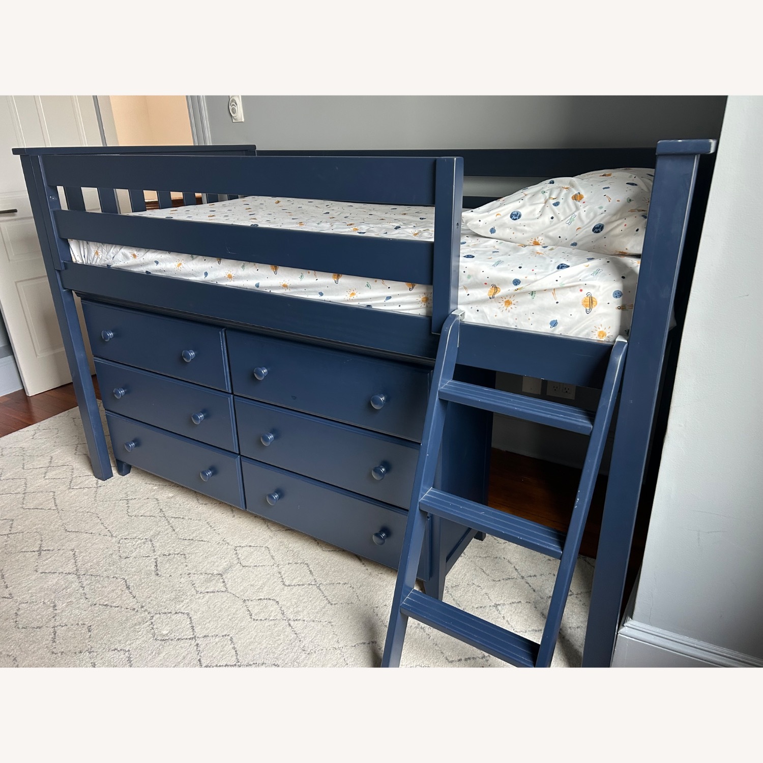 Low Loft Style Twin Bed with Dresser and Bookshelf - image-1