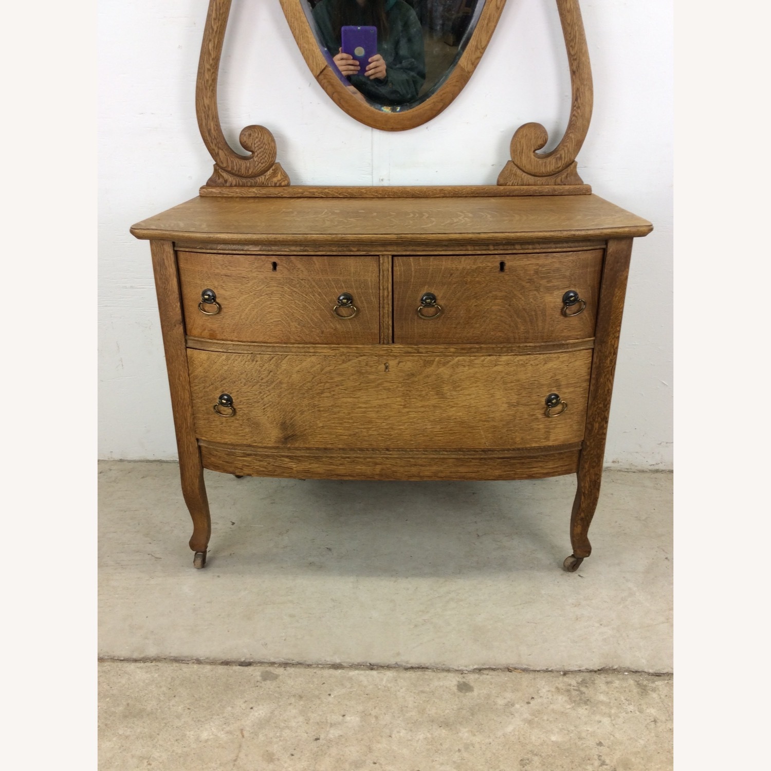 Antique Oak 3 Drawer Dresser with Oval Mirror - image-3