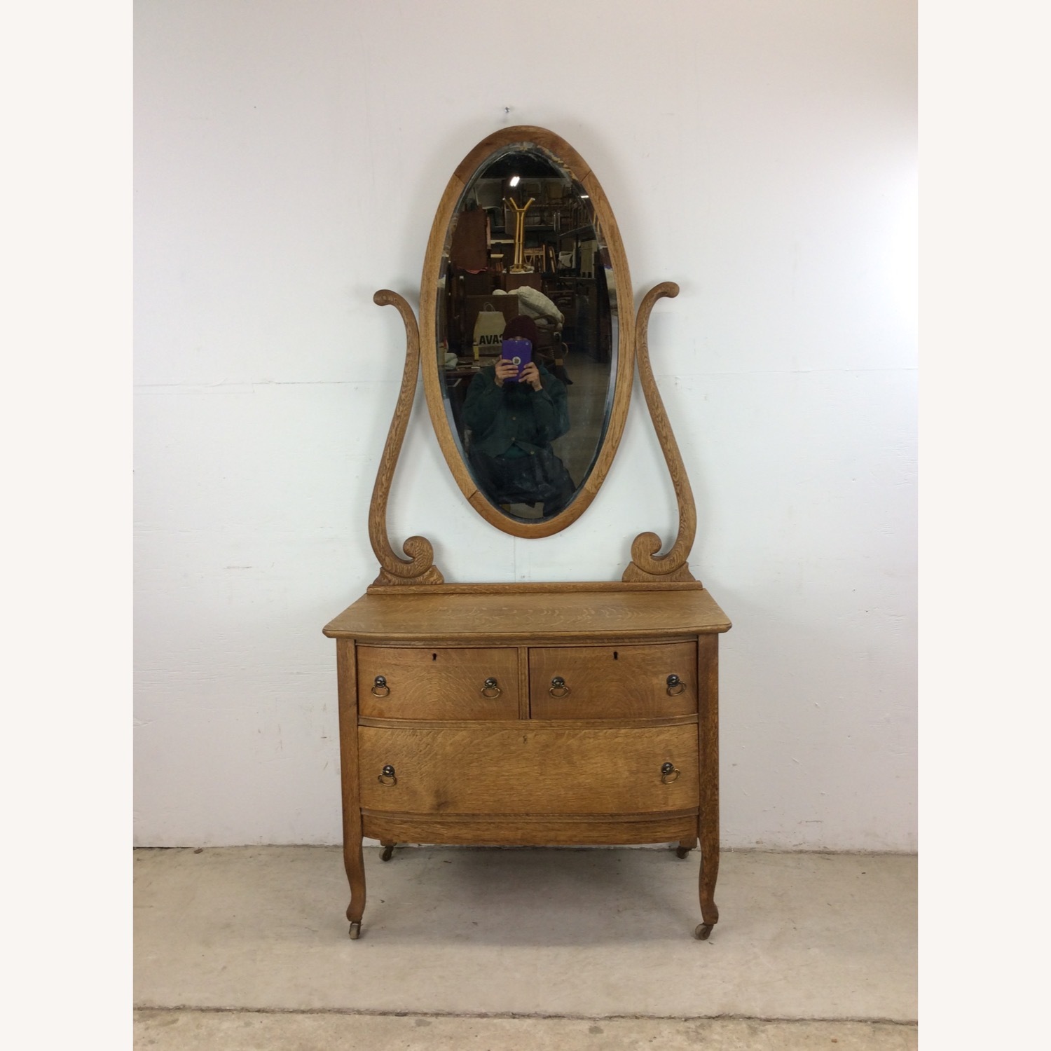Antique Oak 3 Drawer Dresser with Oval Mirror - image-1