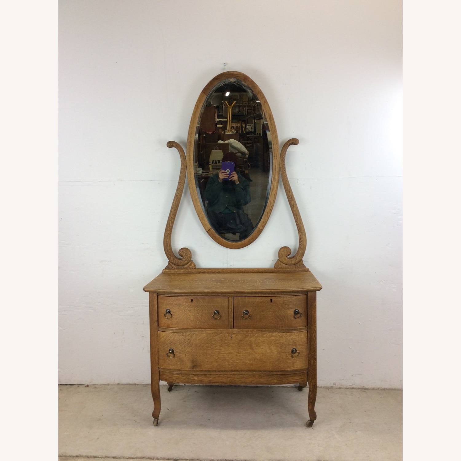 Antique Oak 3 Drawer Dresser with Oval Mirror - image-2